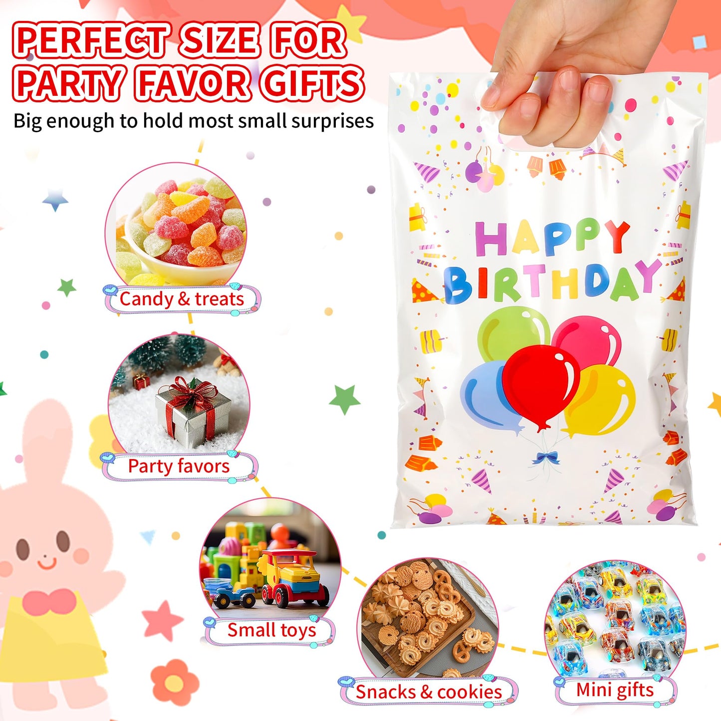 50 PCS Birthday Party Favor Bags - 6.5 x 9.8 Inch Happy Birthday Goodie Bags with Handles - Plastic