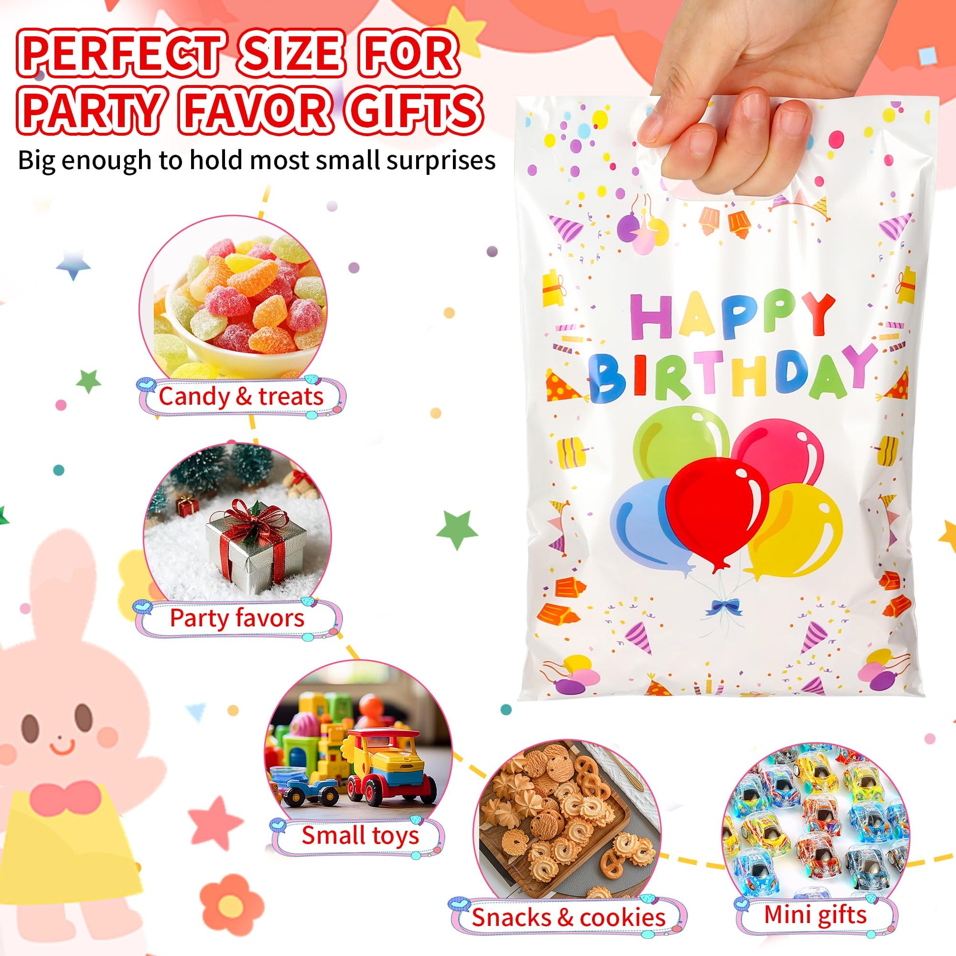 50 PCS Birthday Party Favor Bags - 6.5 x 9.8 Inch Happy Birthday Goodie Bags with Handles - Plastic