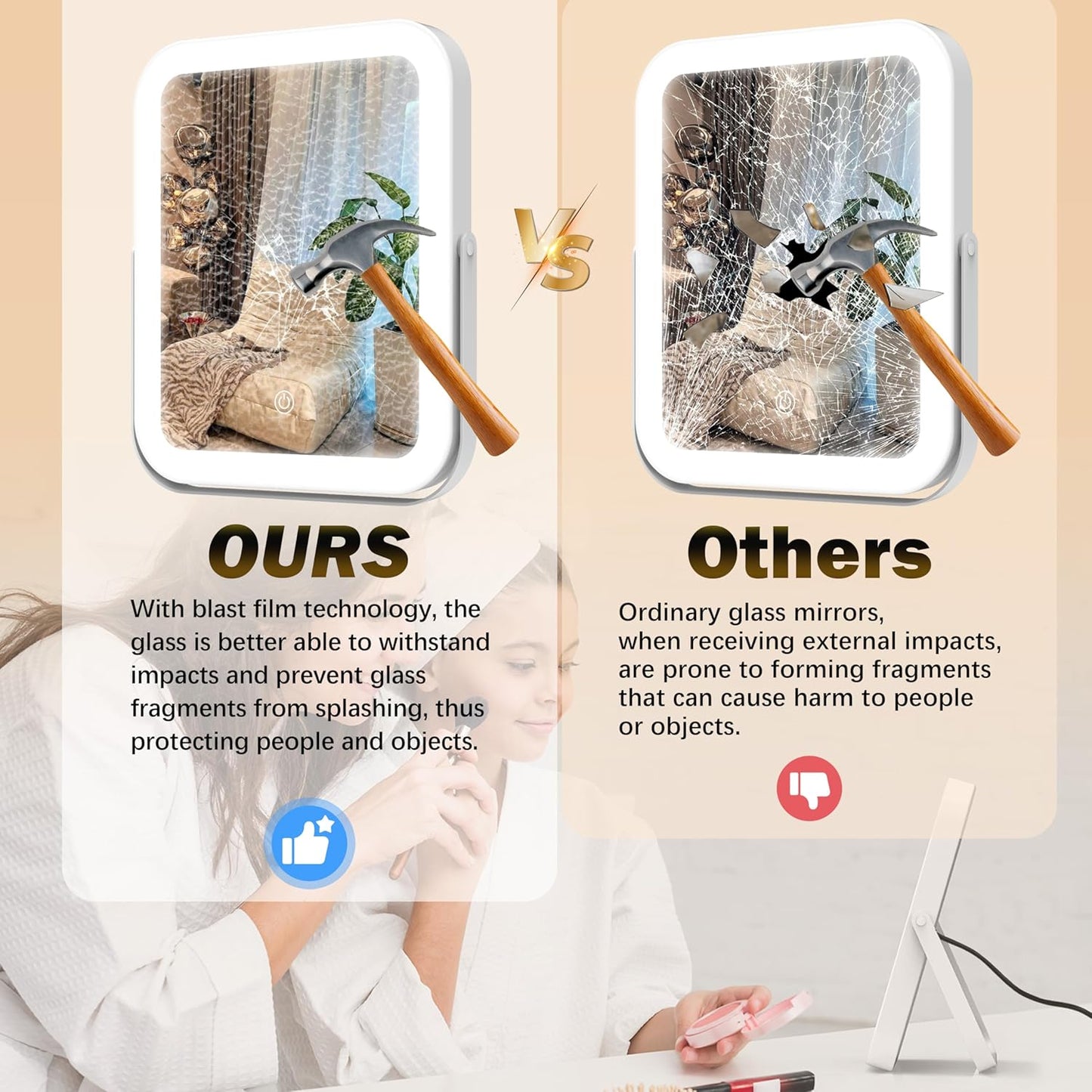 10"x8" Portable Lighted Makeup Mirror with 3-Color Dimmable LED, Touch Screen Vanity Mirror for Travel or Bedroom Desk (White)