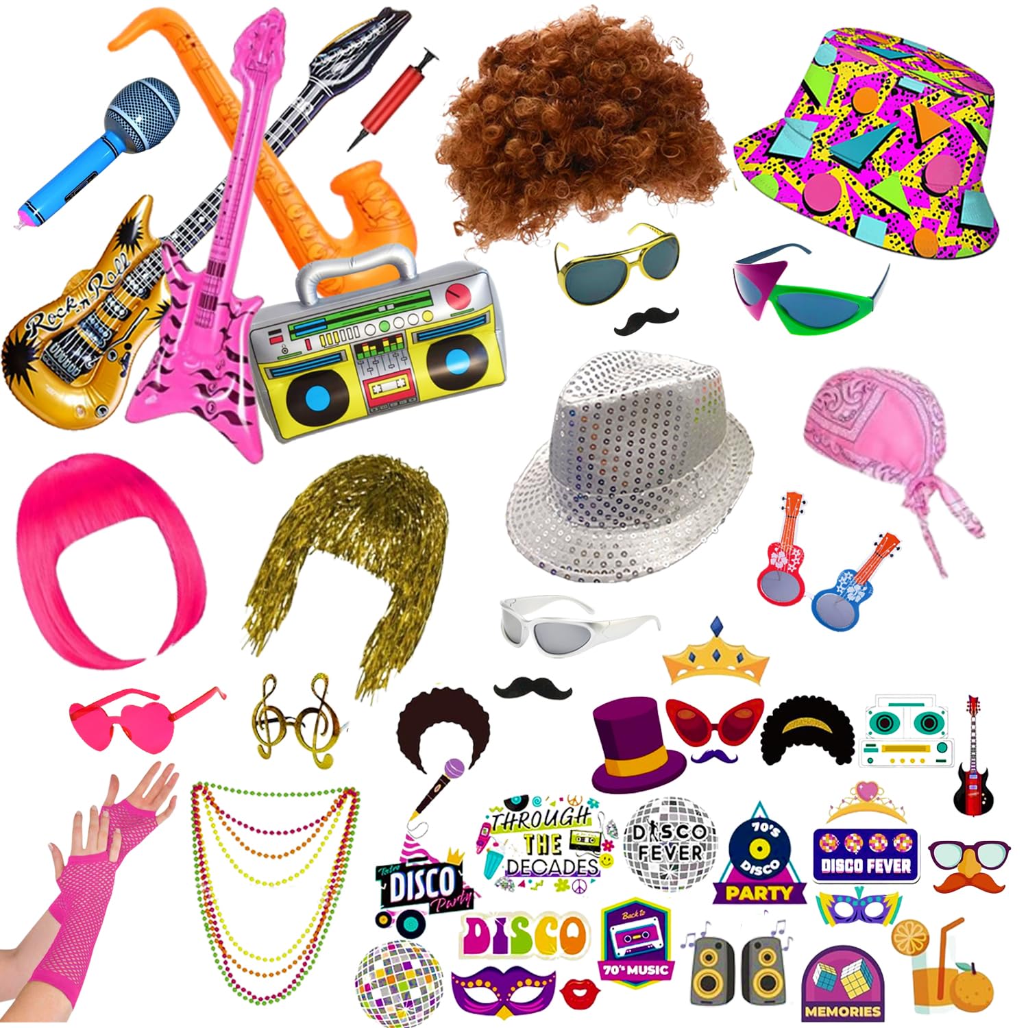 50 Pcs Rock Party Photo Booth Props Set for Adults, Funny Rock Star Party Sunglasses, Hats, Wigs