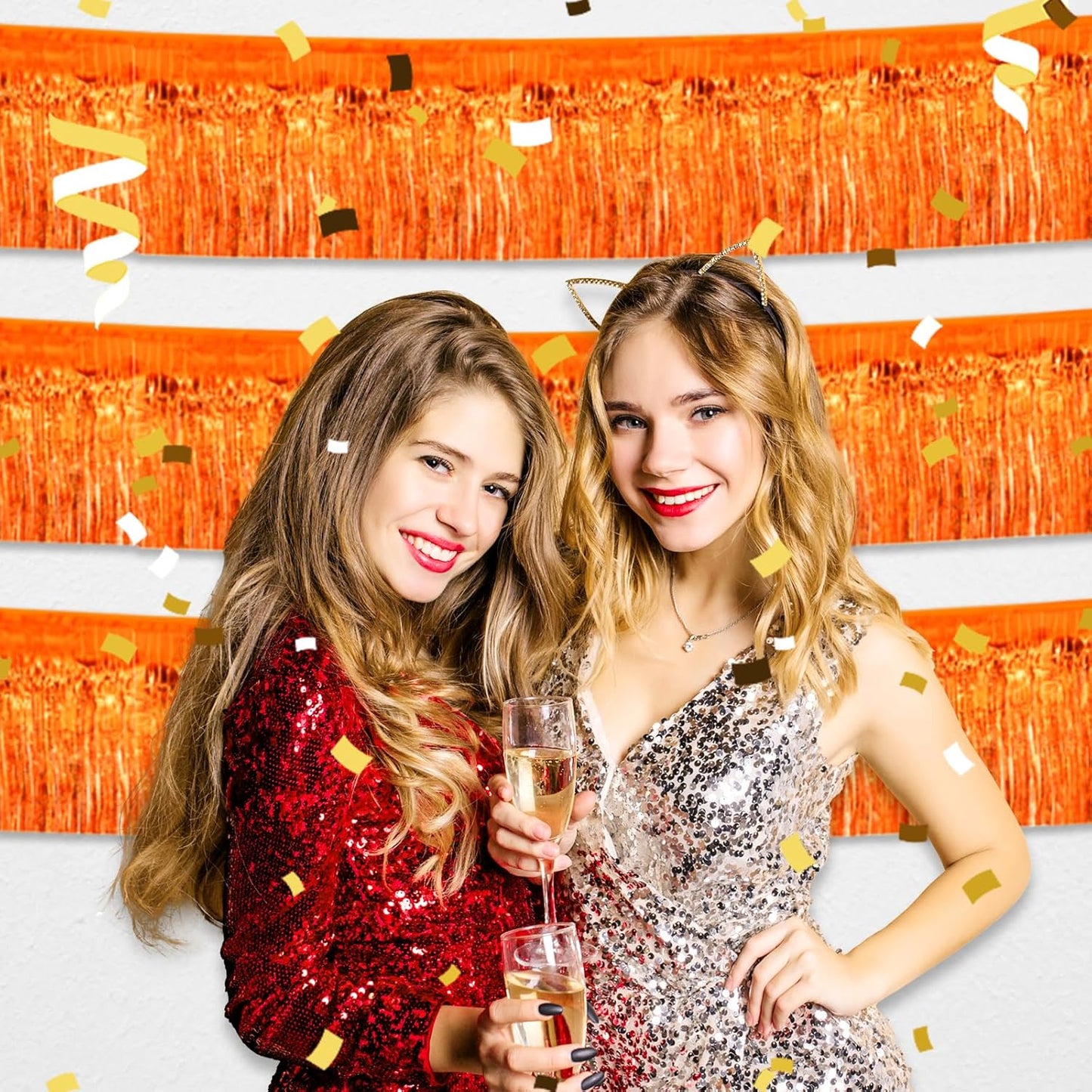4 Pack 10 Feet Orange Foil Fringe Garland Metallic Tinsel Streamers Banner Wall Hanging Curtain Backdrop for Parade Floats, Wedding, Graduate, Mother's Day, Birthday Party Decoration