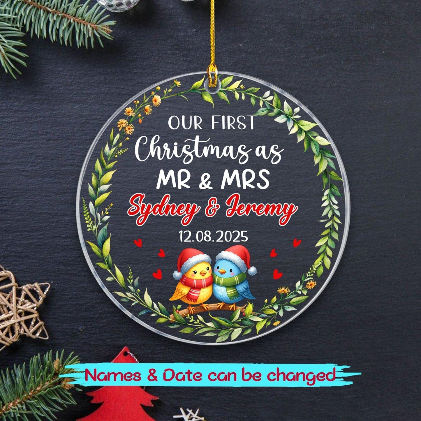 Our First Christmas As Mr & Mrs Ornament 2025, Personalized 1st Christmas As Mr & Mrs Bird Married Ornament Gift for Newlyweds Wedding, Customized Name & Date Anniversary Ornaments for Just Married