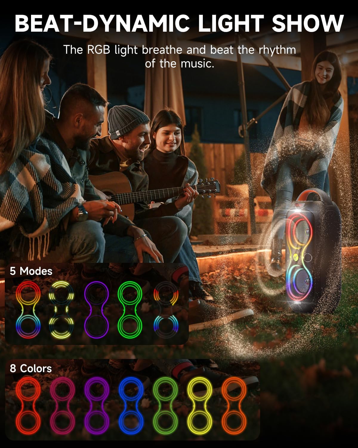 Bluetooth Speakers Wireless- 40W(Peak) 120dB Loud Sound, 8 LED Lights, Bluetooth 5.3, 6-8 Hours Playtime, Protable Handle, FM/USB & Mic Input, Large Portable Speaker for Party,Outdoor,Camping,Beach