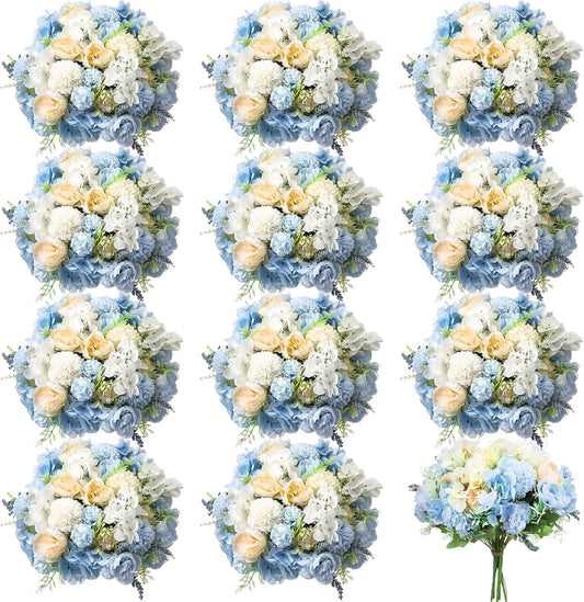 Tigeen Artificial Flowers Artificial Peonies Silk Flowers Faux Peony Fake Peony Silk Hydrangea Bouquet for Wedding Table Centerpiece Floral Vase Decor(White,Blue,12 Bundles)