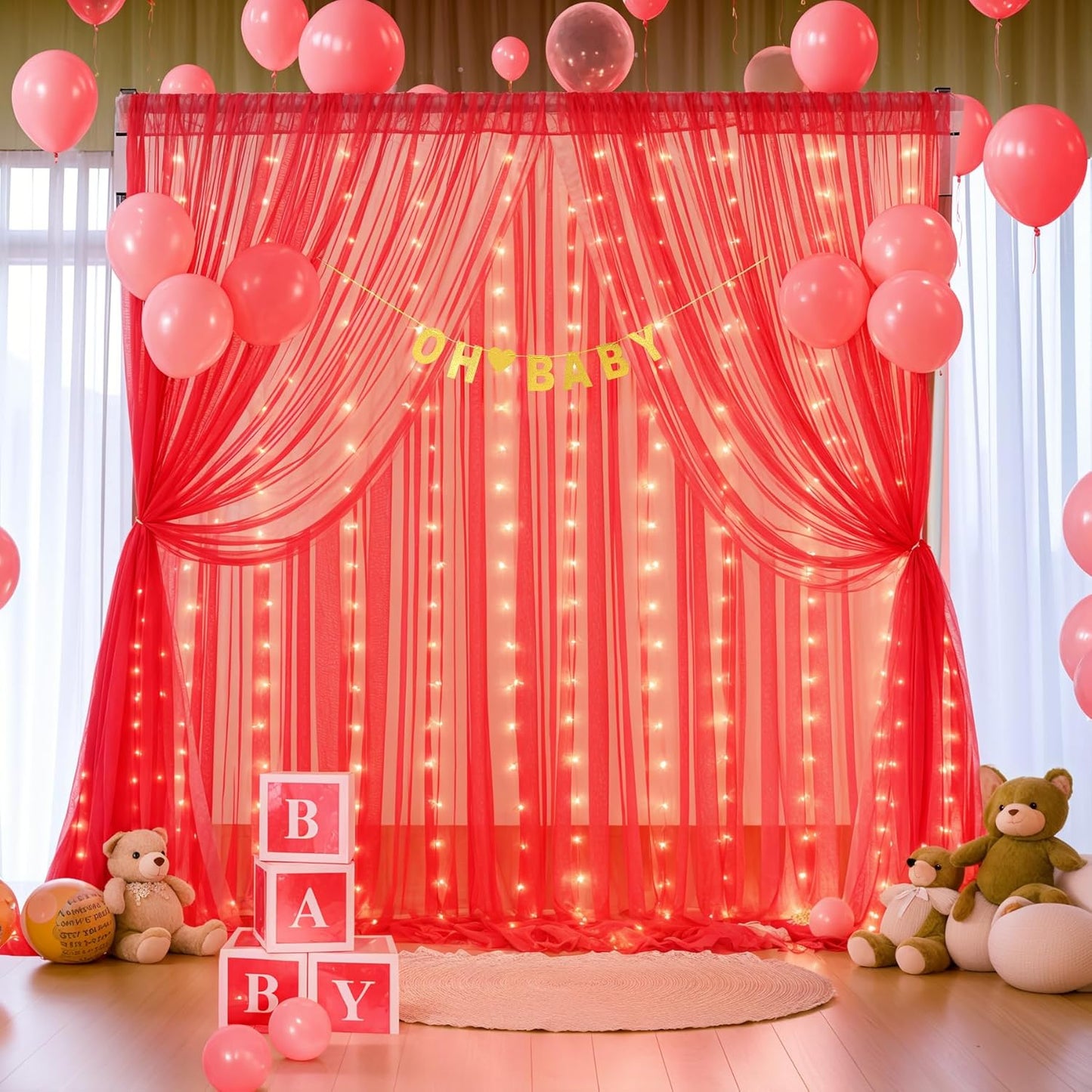 Red Tulle Backdrop Curtain with Lights String for Parites 10x8ft Red Sheer Backdrop Curtains Drapes for Birthday Party Bridal Shower Baby Shower Christmas Wall Photo Booth Background Decorations