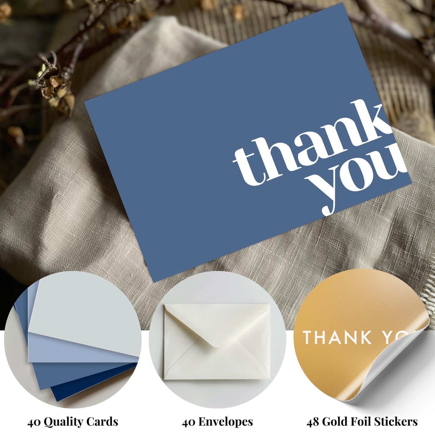 Paper Play Thank You Cards Bulk Pack of 40 Blue, 5x3.5 Inches with Matching Stickers & Envelopes
