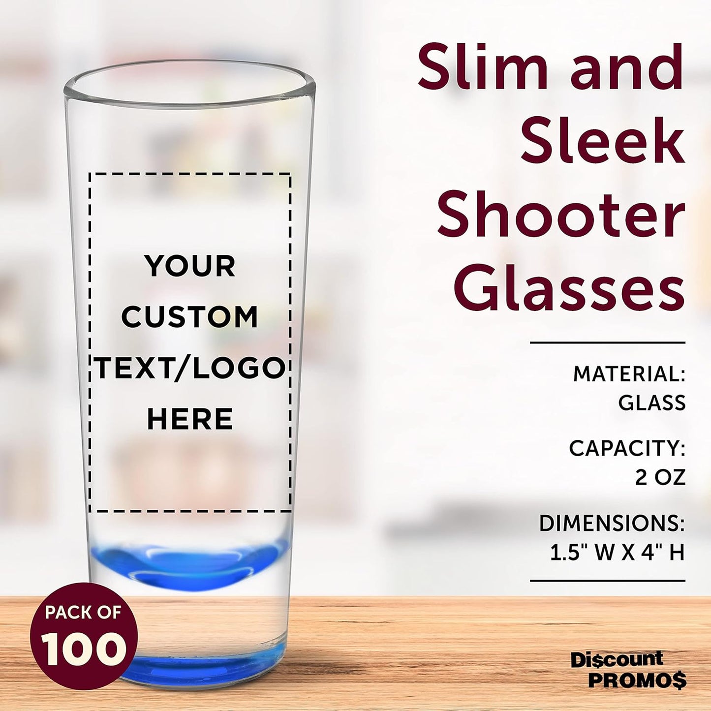 Custom Cordial Shooter Shot Glasses 2 oz. Set of 100, Personalized Bulk Pack - Great for Birthdays, Parties, Indoor & Outdoor Events - Blue
