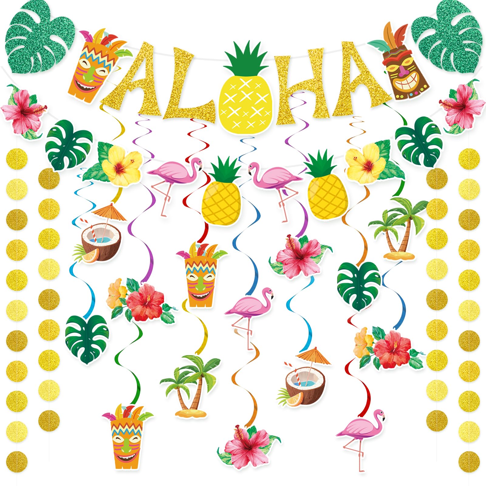 Pre-Strung Hawaiian Aloha Party Banner Decorations, Large Flamingo Tiki Tropical Party Decorations