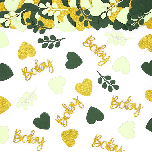 200PC Sage Green Baby Shower Confetti Green Gold Glitter Heart Table Confetti for Greenery Gender Neutral Baby Shower Decorations