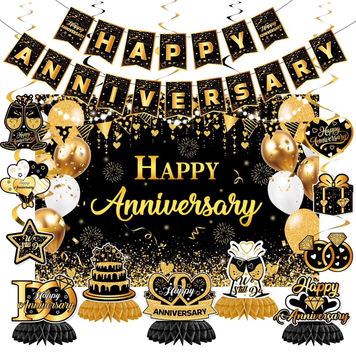 Happy Anniversary Decorations - Black Gold Wedding Party Decorations Kit, Happy Anniversary Banner