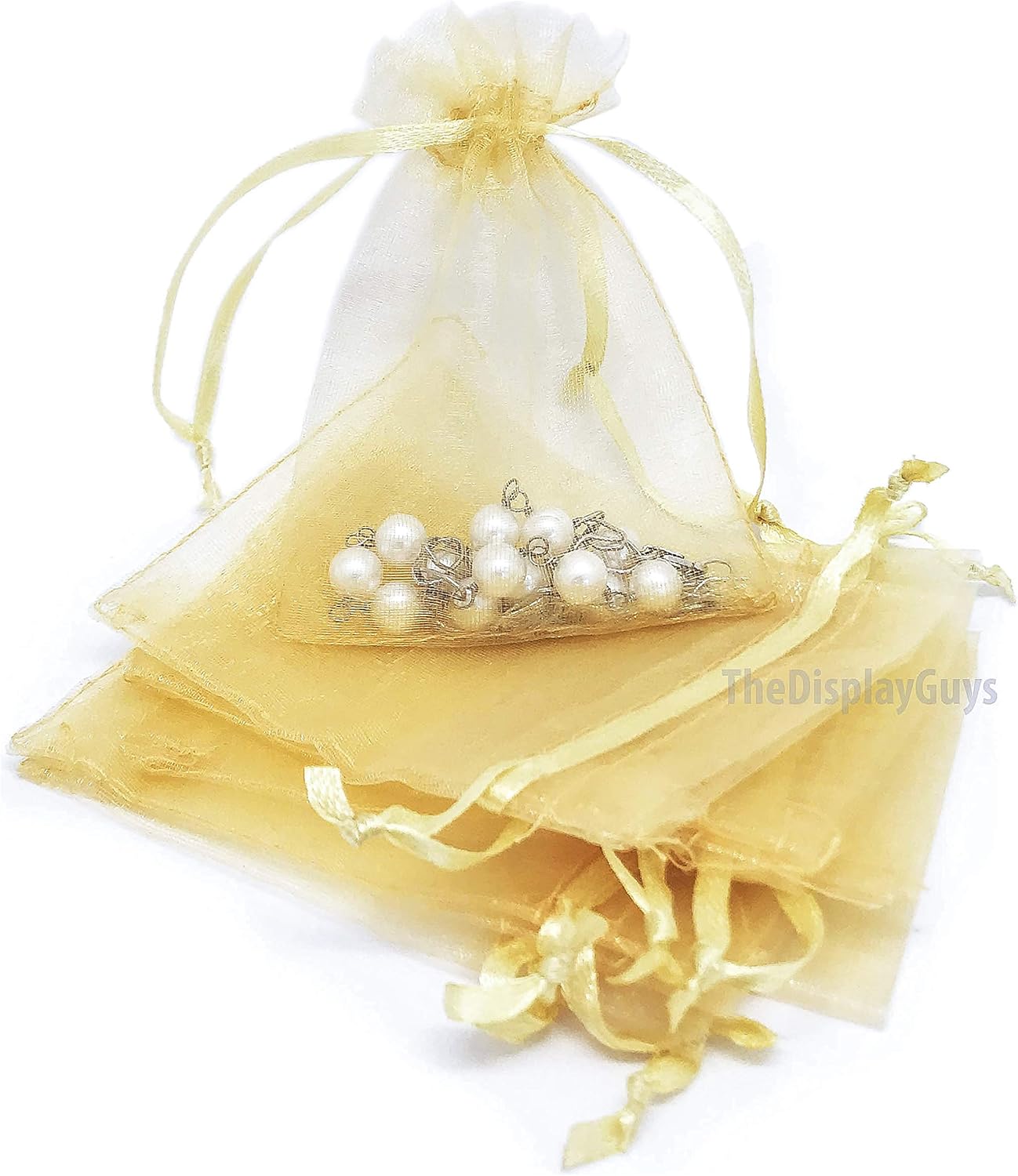 TheDisplayGuys 100-Pack 6x8 Gold Sheer Organza Gift Bags with Drawstring, Jewelry Candy Treat Wedding Party Favors Mesh Pouch