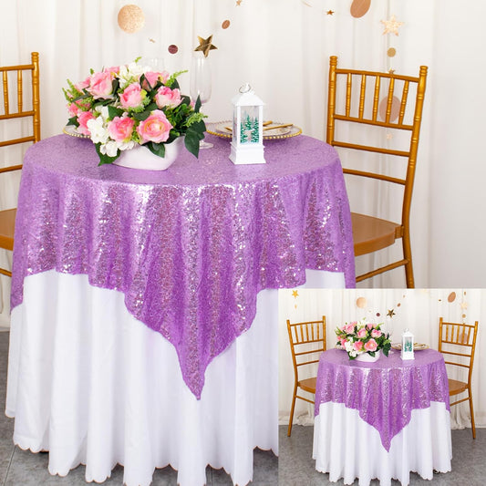 ShinyBeauty 36x36 Inch Sequin Tablecloth 2-Pack - Lilac Sparkle Table Overlay for Weddings, Birthdays, Parties, Lavender Shimmer Square Table Cover