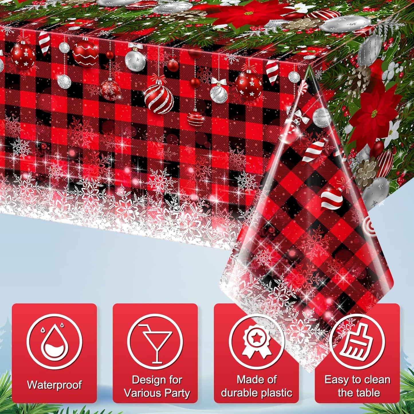3Pcs Christmas Buffalo Plaid Snowflake Tablecloths,Plastic Red and Black Checkered Rectangle Christmas Tree Color Ball Table Cover for Winter Christmas New Year Holiday Party Decorations,54x108 inch
