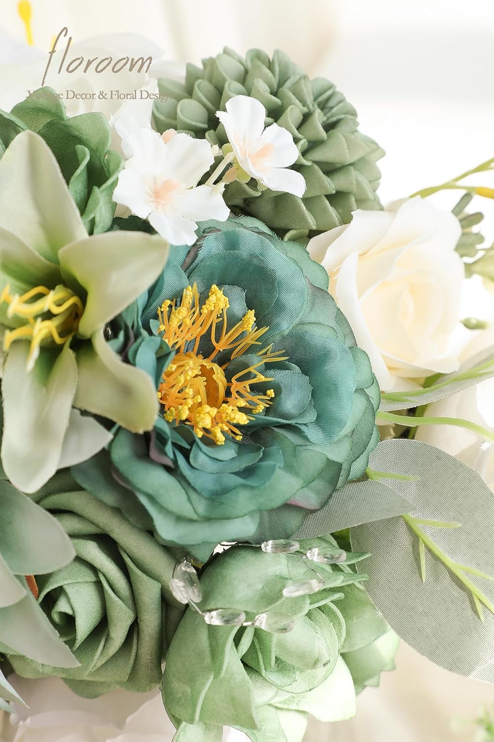 Floroom Sage Green Artificial Flowers Fake Roses Peonies Dahlia Greenery Combo Box Set for DIY Wedding Bouquets Bridal Shower Centerpieces Floral Arrangements Party Tables Home Decoration