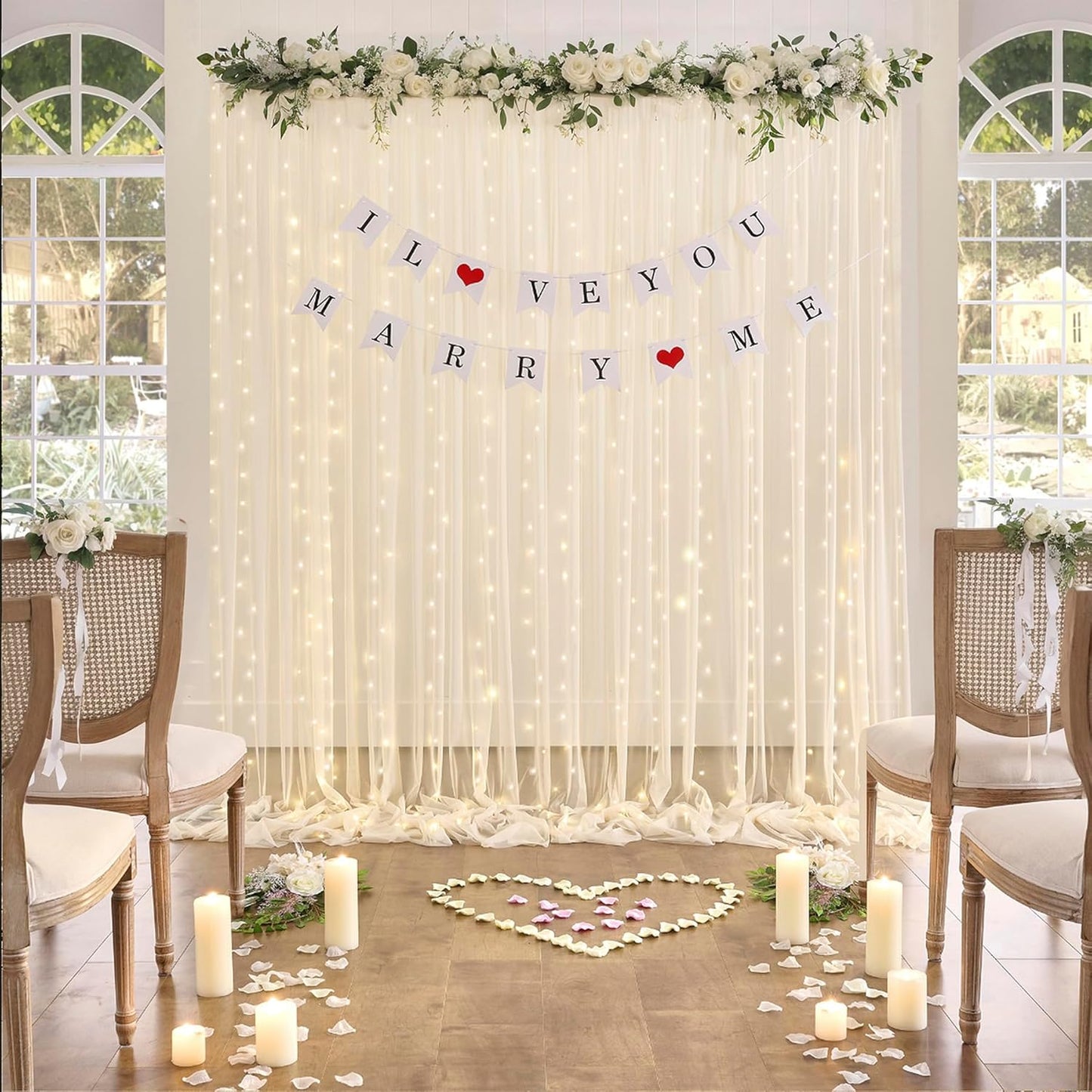 Champagne Backdrop Curtains with Lights String for Wedding Parties 10×10ft Sheer Tulle Backdrop Curtain for Bridal Shower Baby Shower Birthday Party Photo Shoot Decorations 2 Panels 5×10ft