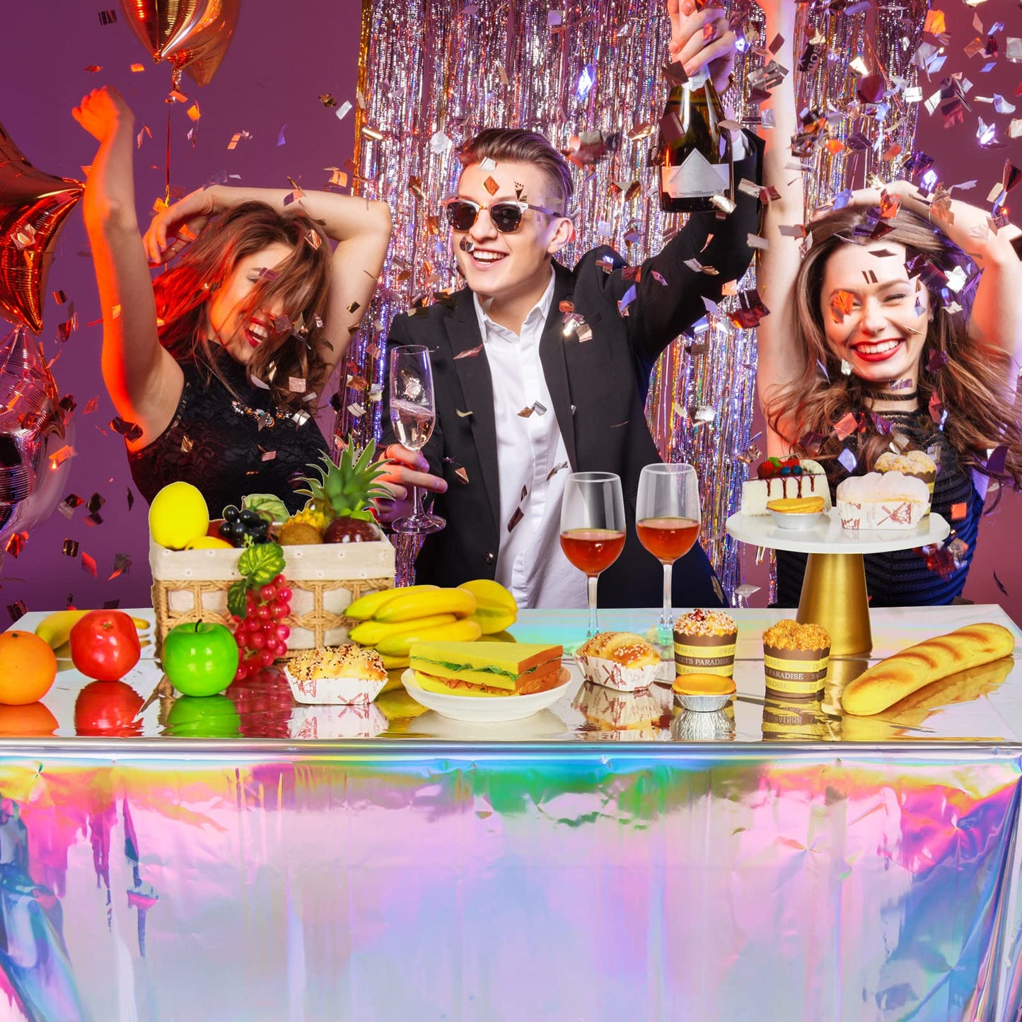 FunnyPars 4 Pack Iridescent Plastic Tablecloths, Disposable Table Covers