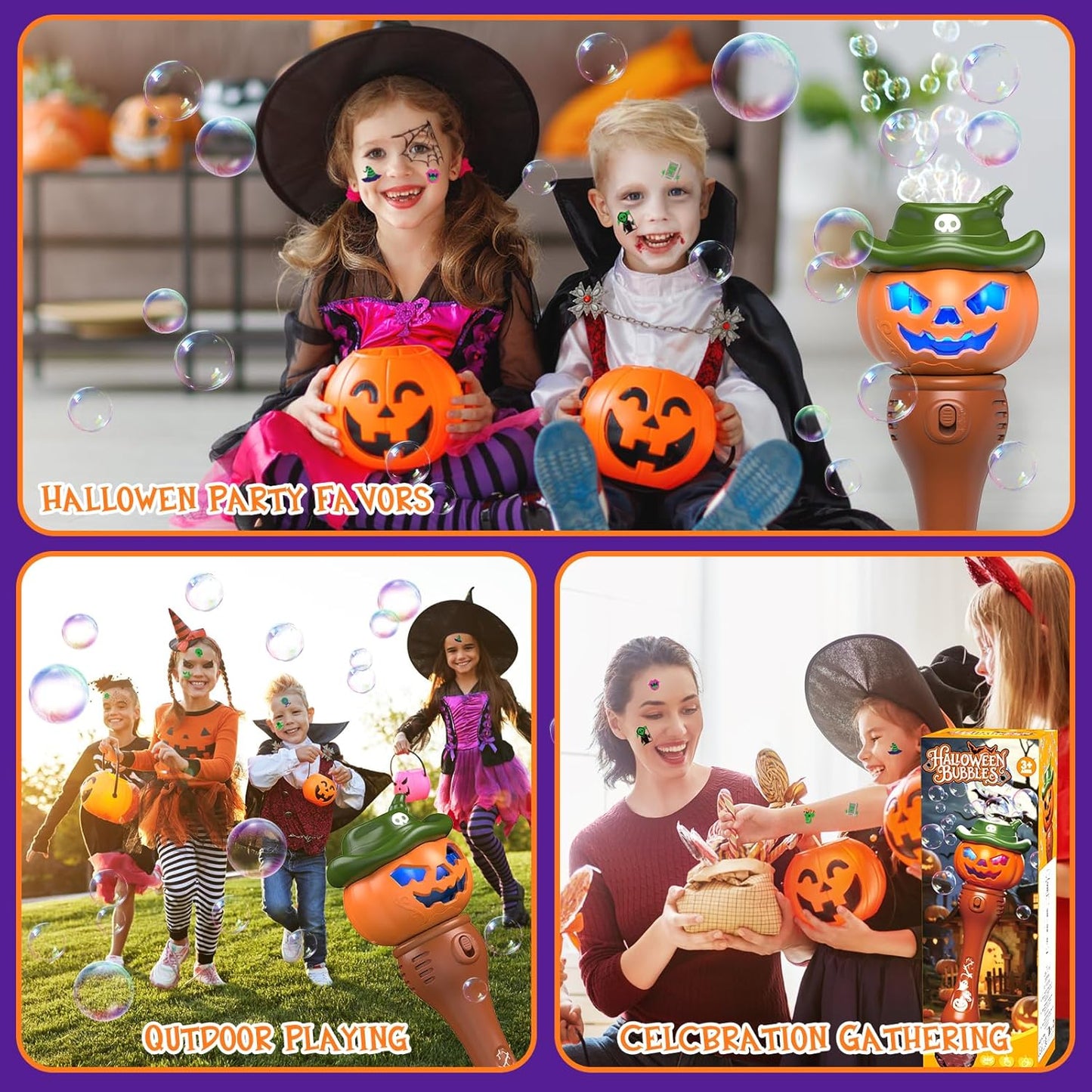 Halloween Bubble Machine Wand for Kids, Light up & Music Pumpkin Bubble Wand-2 Temporary Tattoos and 5 Bubble Solution, Halloween Boo Basket Stuffers for Toddlers Boys & Girls 3 4 5 6 7 8 + Years Old