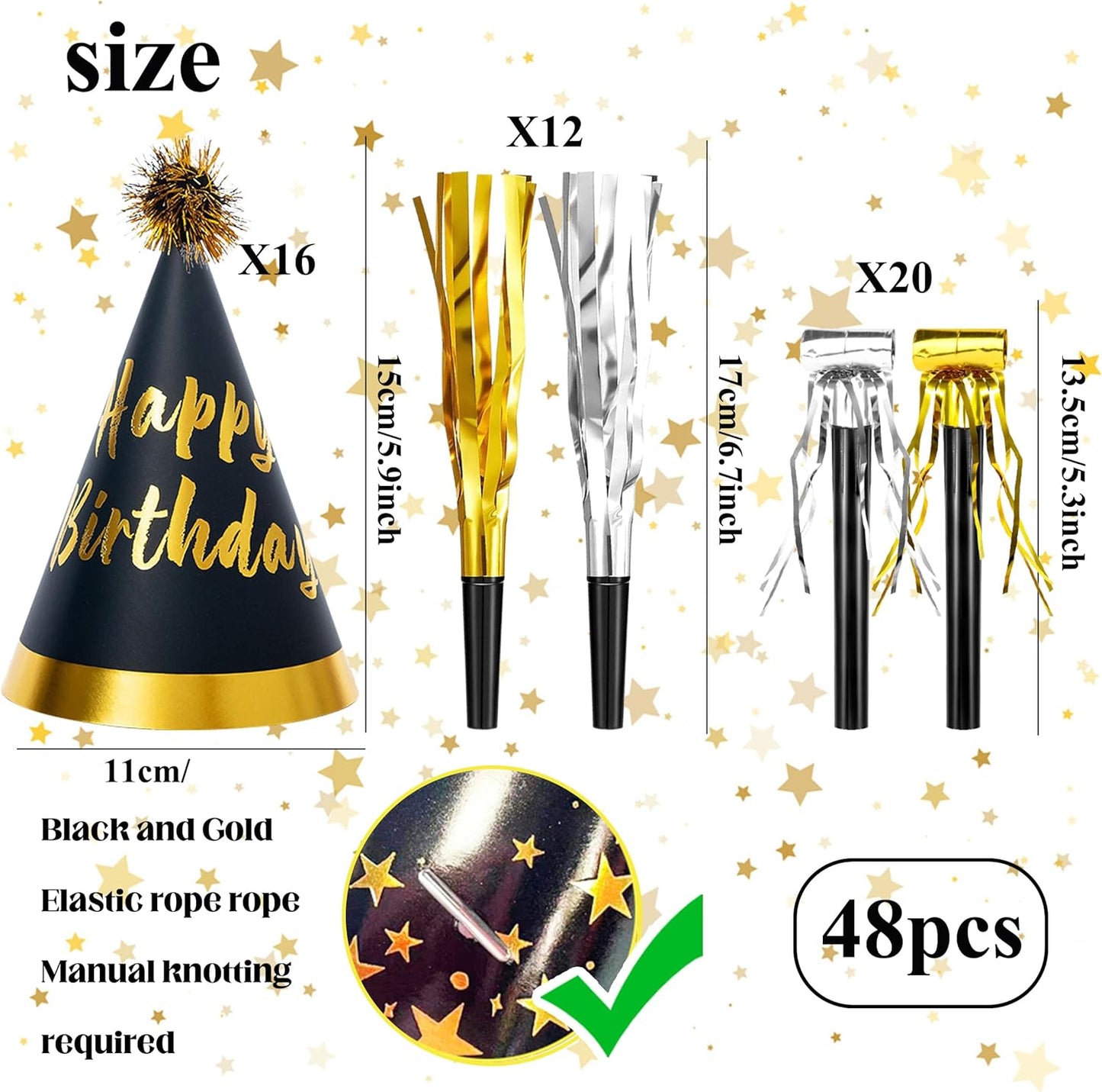48 Pcs Gold Birthday Party Hats Gold Cone Hats Includes 16 Birthday Paper Hats and 32 Noise Makers