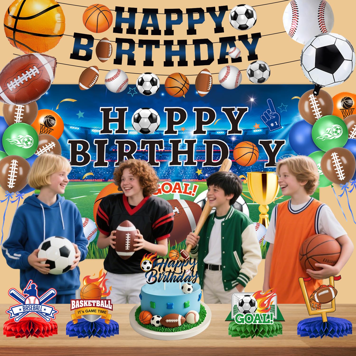 Sports Birthday Party Decorations Includes Banner, Backdrop, Foil & Latex Balloons, Cake & Cupcake