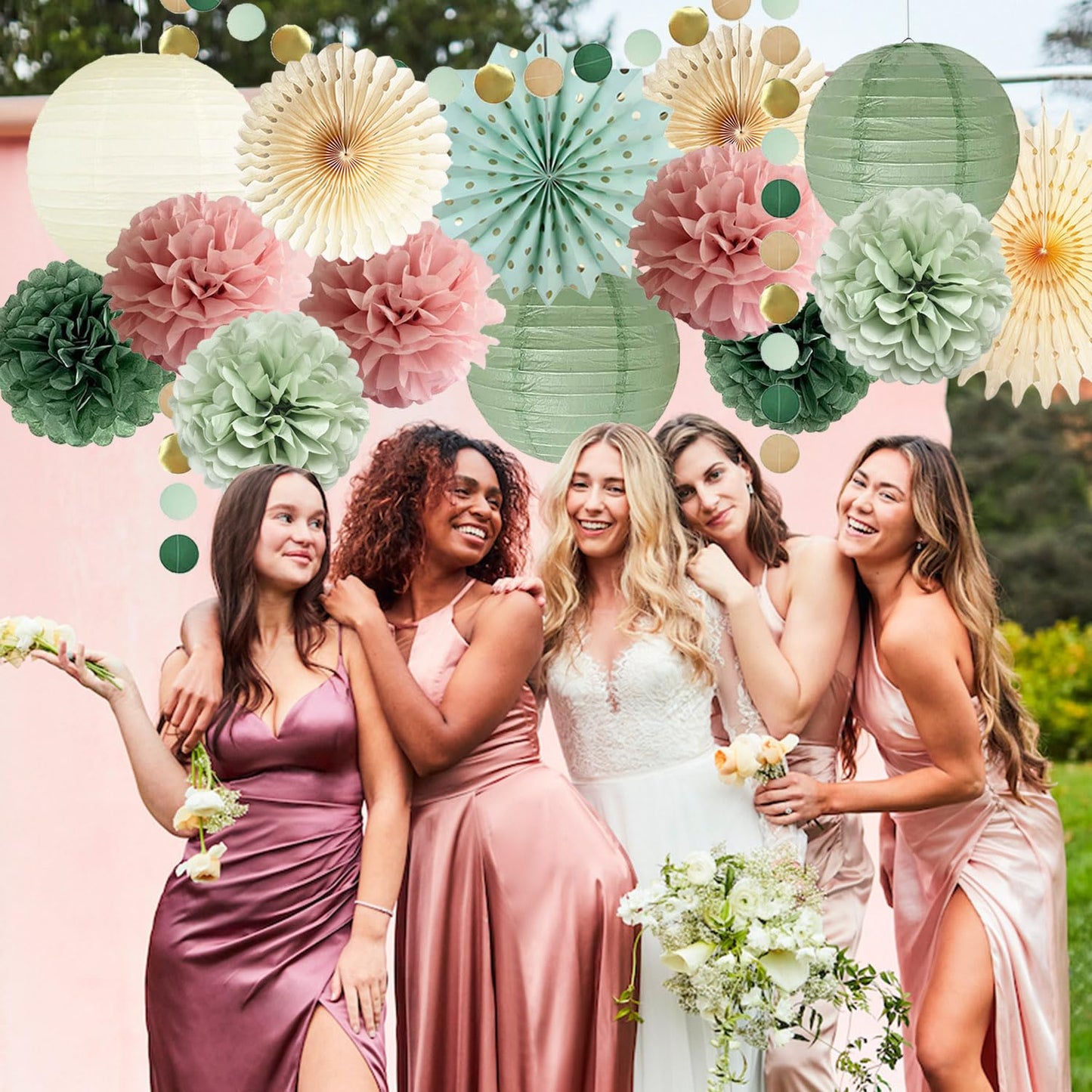 Sage Green and Dusty Pink Party Decorations Green & Pink Party Decor Sage Tissue Pom Poms Paper