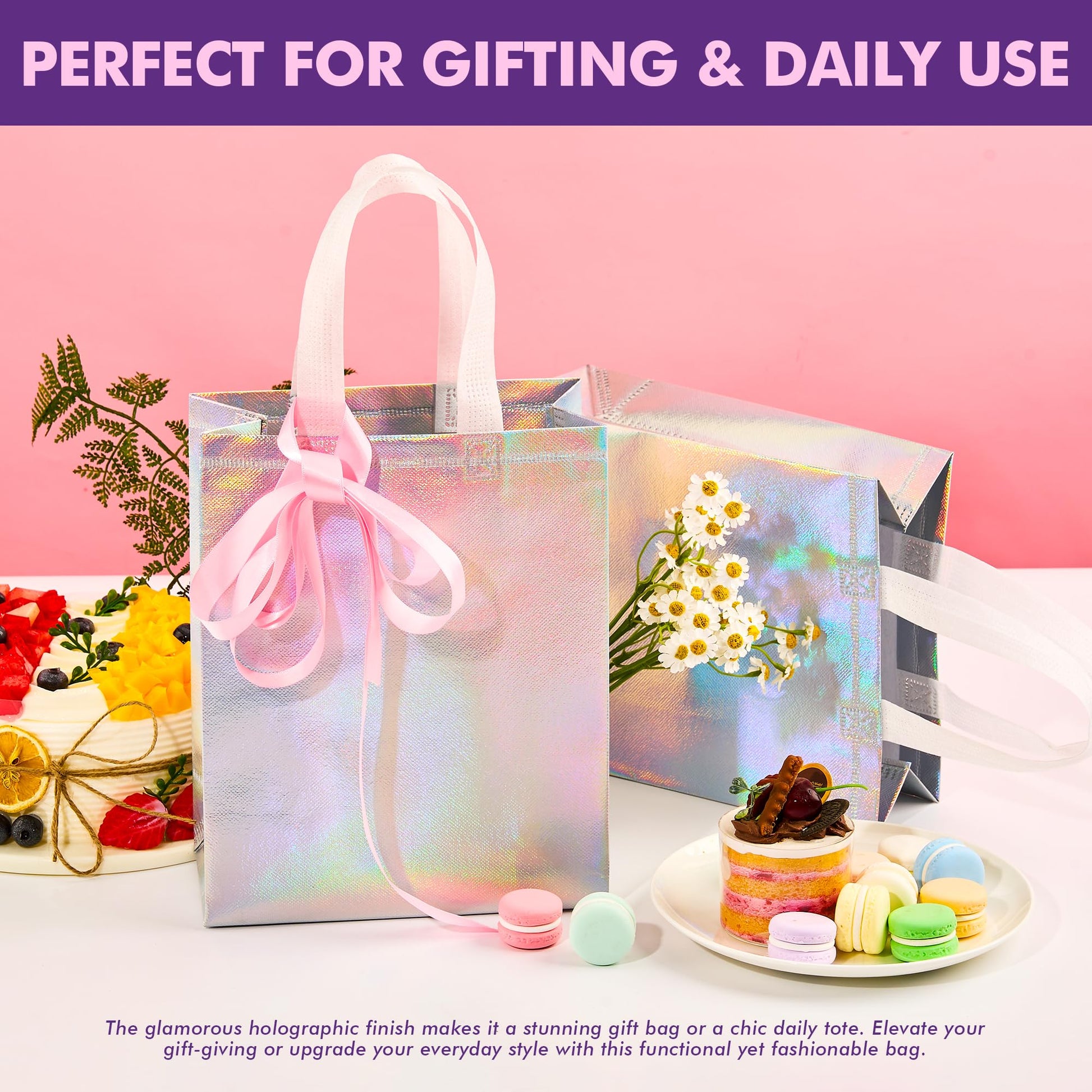 PACKINNO 15 Pcs Iridescent Gift Bags with Handles, 8x4x10 Inch Holographic Reusable Gift Bags