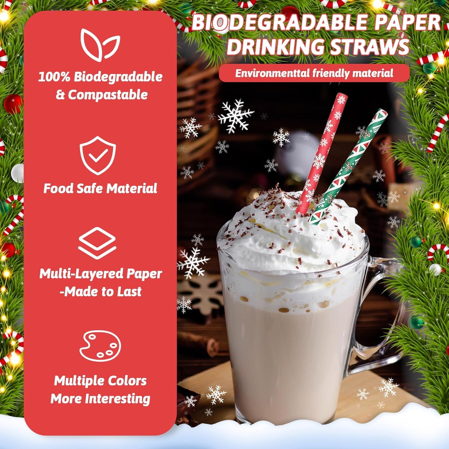 200 Pcs Christmas Paper Straws, 10 Styles Biodegradable Colorful Disposable Drinking Christmas Straws for Christmas Party Supplies, Desserts, Thanksgiving, New Year and Holiday Party Decorations