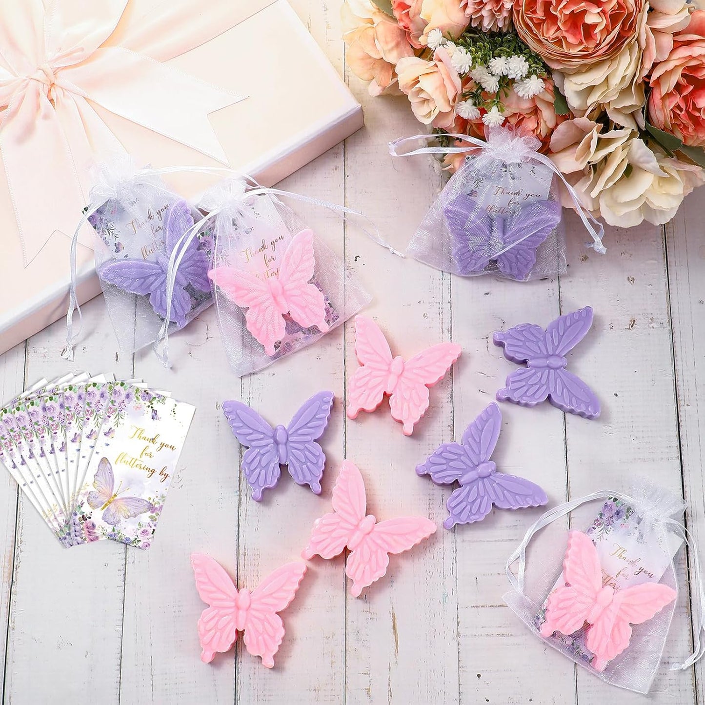 Dunzy 50 Set Butterfly Theme Baby Shower Favors for Guests Butterfly Soap Favors with Thanks You Cards Gift Bags Gender Reveal Baptism Party Decorations Wedding Bridal Souvenirs (Purple,Pink)
