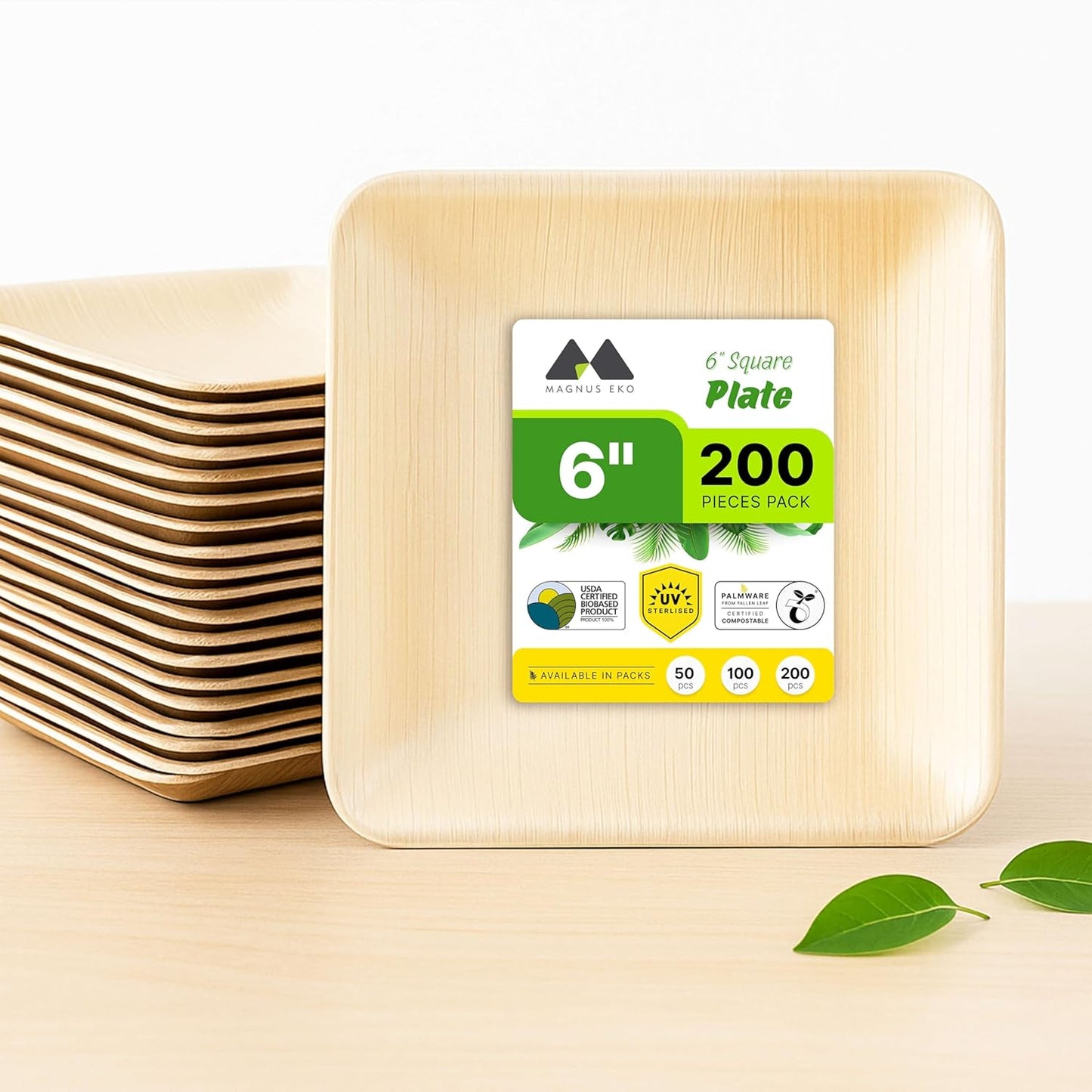 magnus EKO | 6 Inch Square Plates 200 Pcs | Disposable Plates For Party | Eco Friendly, Compostable and Biodegradable serving plates for Catering, Weddings and Parties