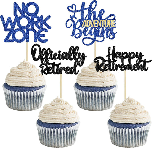 24Pcs Happy Retirement Cupcake Toppers Officially Retired Cake Toppers No Work Zone Adventure Begins Cupcake Picks Retirement Theme Farewell Birthday Party Decorations Supplies Black Blue