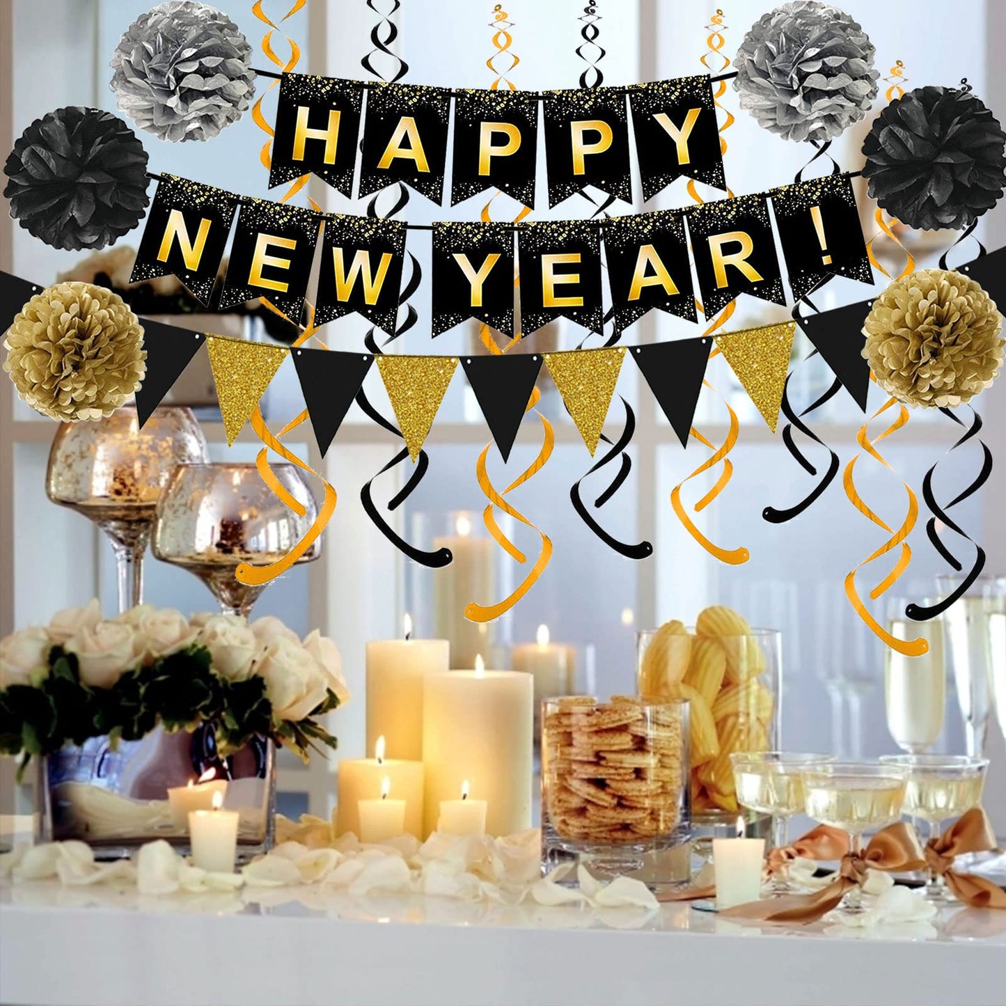 Happy New Year Set Black Banner with Gold Black Paper Flag Bunting Swirl Streamers & Pom Poms for