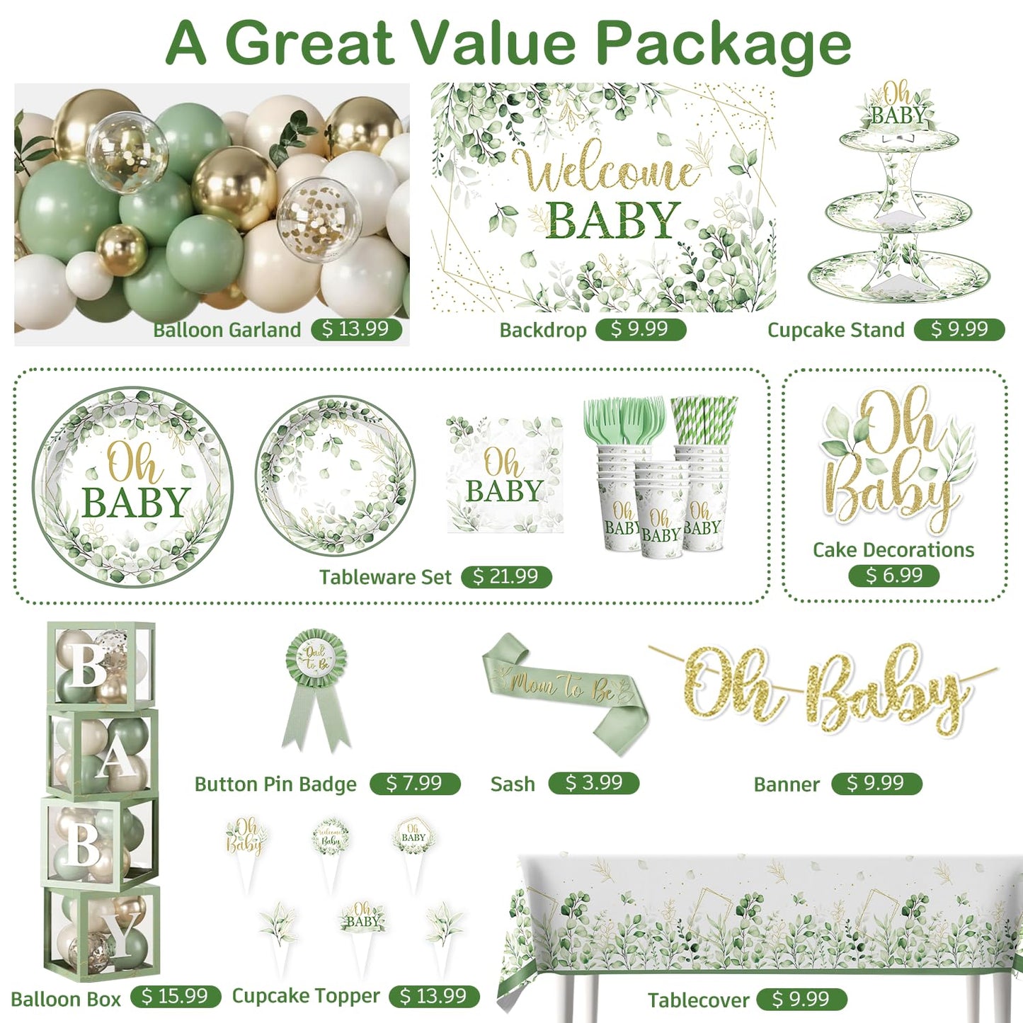 Fexivo Sage Green Baby Shower Decorations Set,Serves 25 Guests
