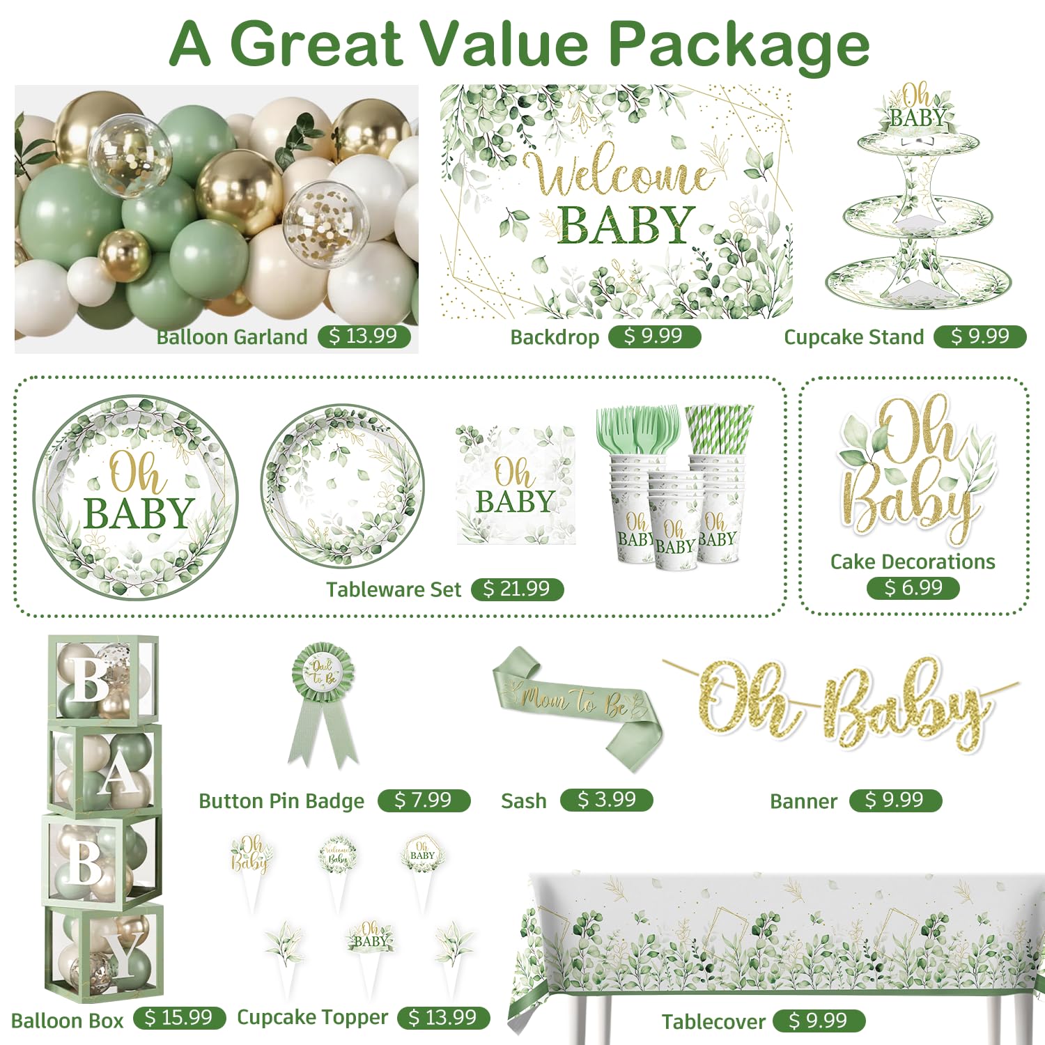 Fexivo Sage Green Baby Shower Decorations Set,Serves 25 Guests