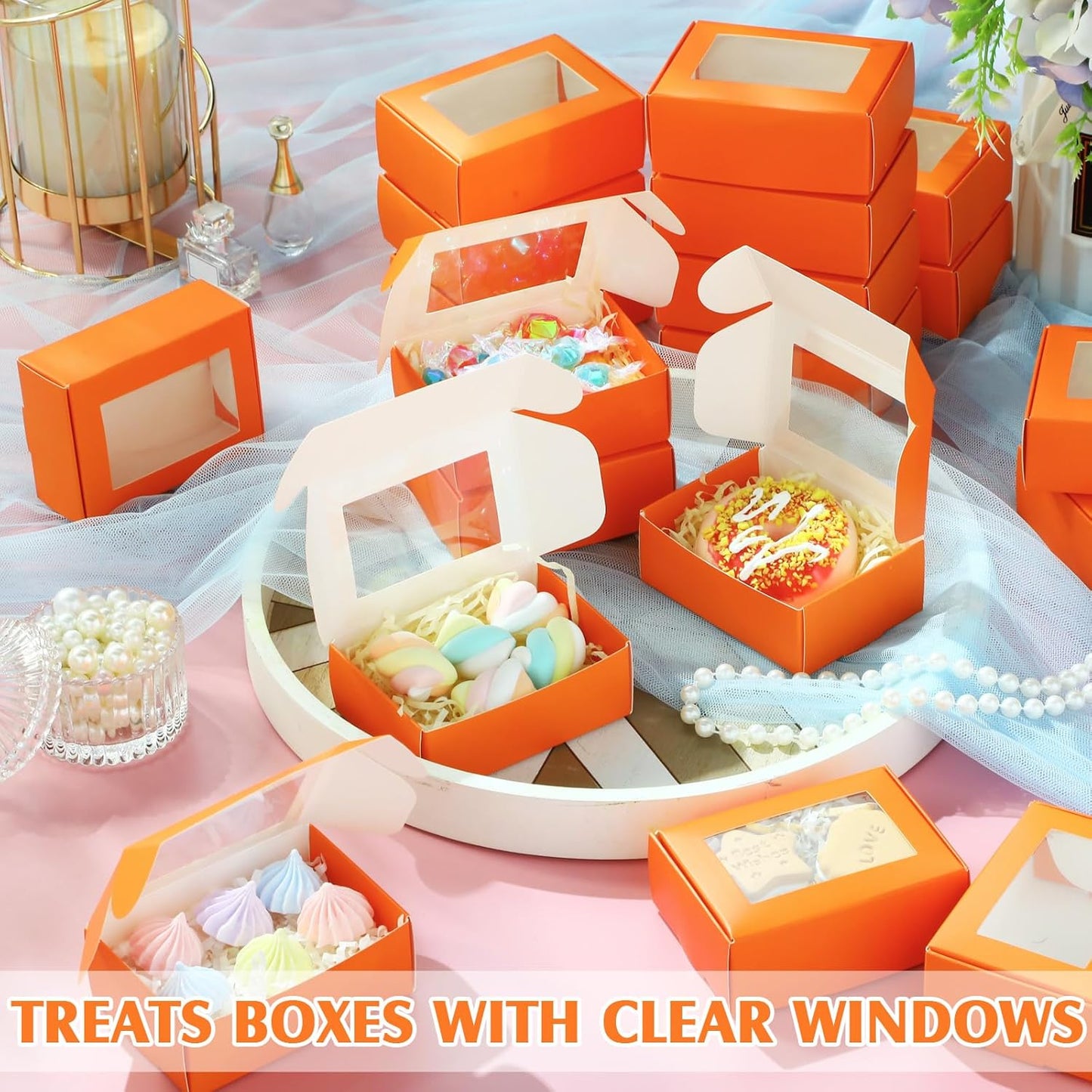 Zonon 30 Pcs Soap Boxes for Homemade Packaging, Mini Kraft Treat Boxes with Window for Bakery Candy Soap Making Gift Packaging(3.7 x 2.6 x 1.37 Inch,Orange)