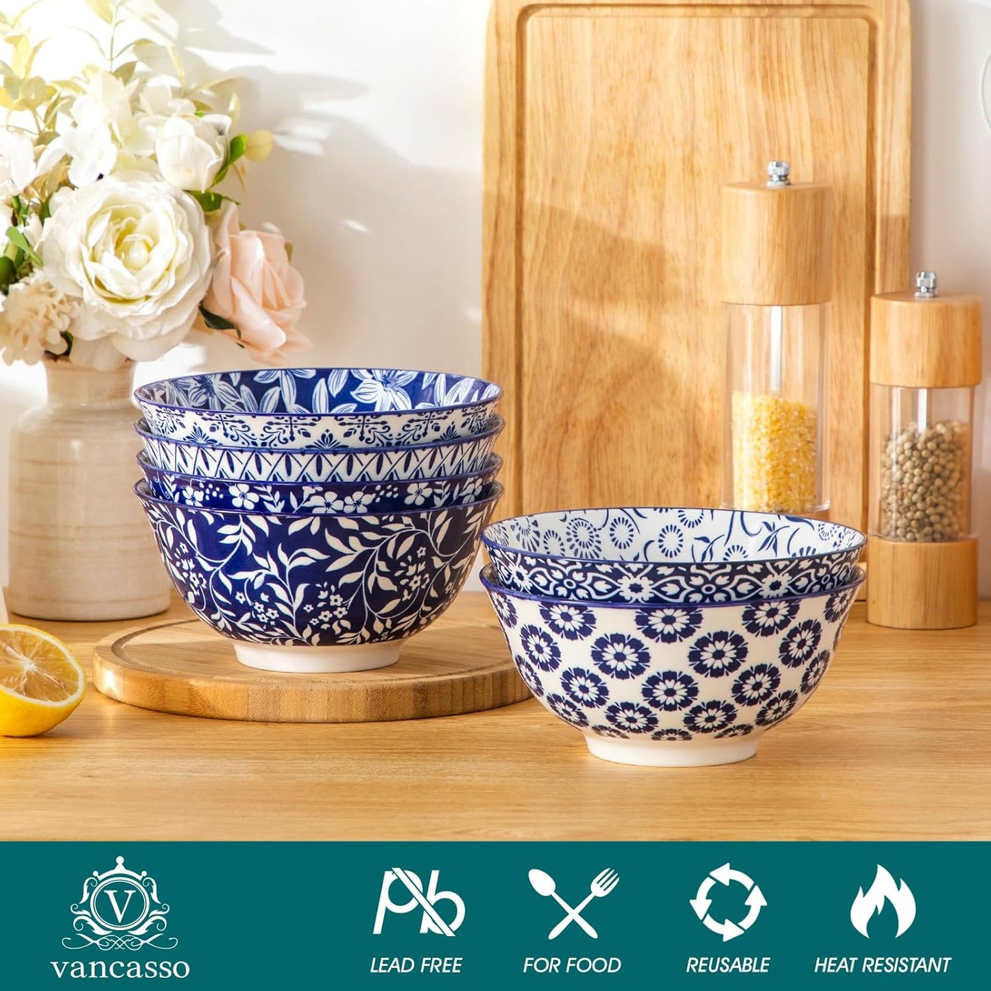 vancasso SELENE 24 oz Cereal Bowls set of 6, Ceramic Soup Bowls for Kitchen, Dishwasher & Microwave Oven Safe- for Cereal, Soup, Pasta, Salad, Blue & White Floral Design Bowl Set