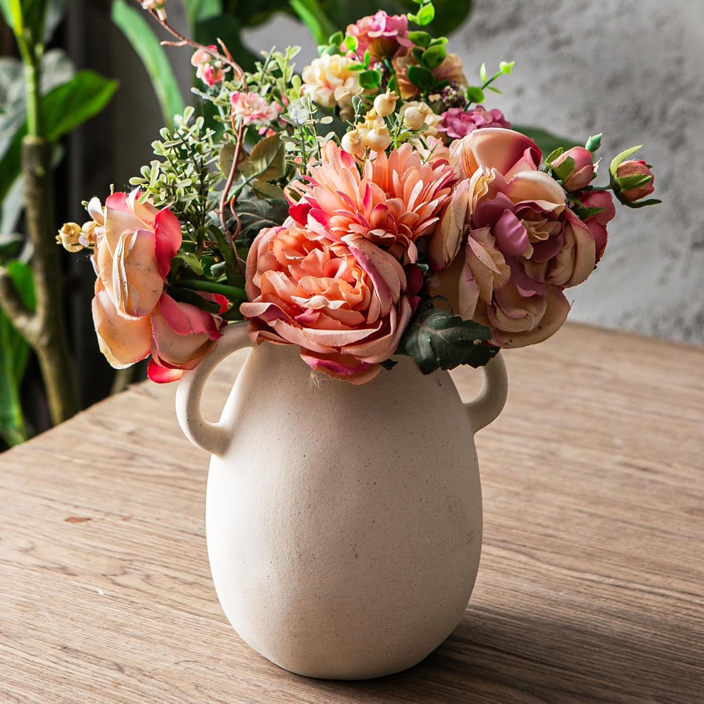 Kimdio White Ceramic Vase with 2 Handles – Sand-Glazed Clay Pottery Vase for Dried Flowers, Rustic Modern Table Decor, Farmhouse Boho Shelf Decoration