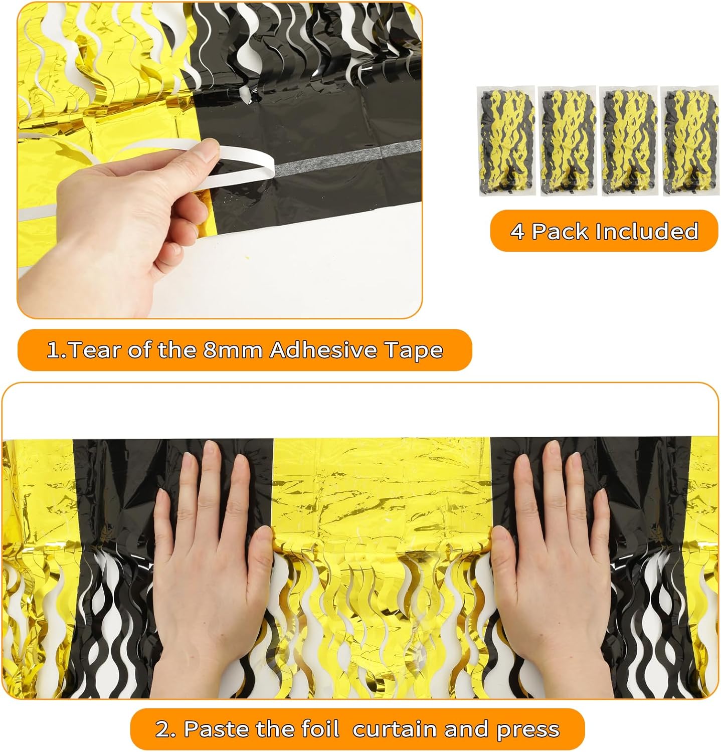 4 Pack Black and Gold Wavy Foil Fringe Curtains Pirthday Decorations,3.3 ft x 6.6 ft Metallic Foil Curtains Streamers for Party Photo Booth Props Background Decoration