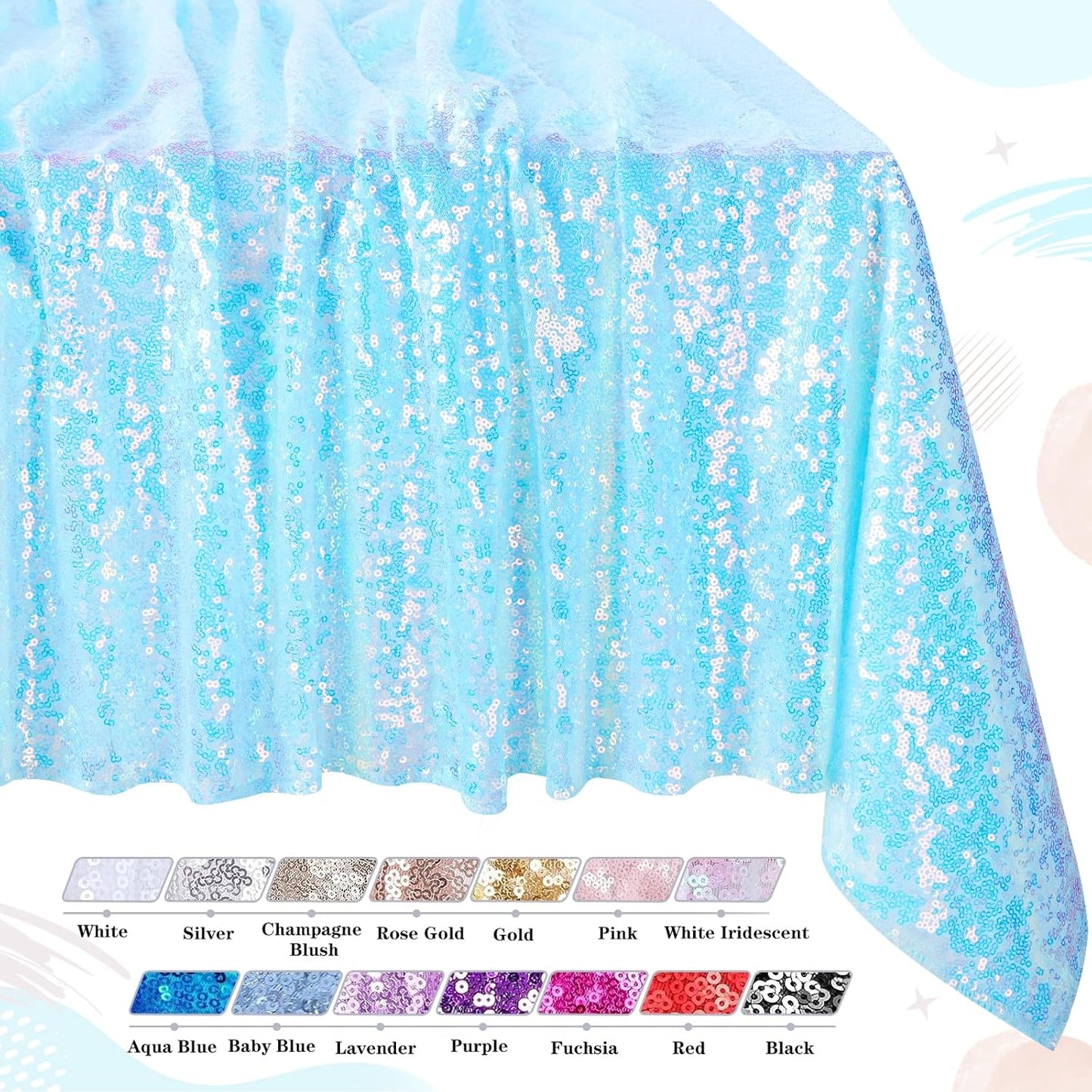 QueenDream Iridescent Tablecloth Blue Sequin Table Cloth Overlay Glitter Mermaid Birthday Party Decorations 90x132 Inches