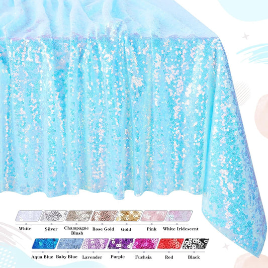 QueenDream Iridescent Tablecloth Blue Sequin Table Cloth Overlay Glitter Mermaid Birthday Party Decorations 90x132 Inches