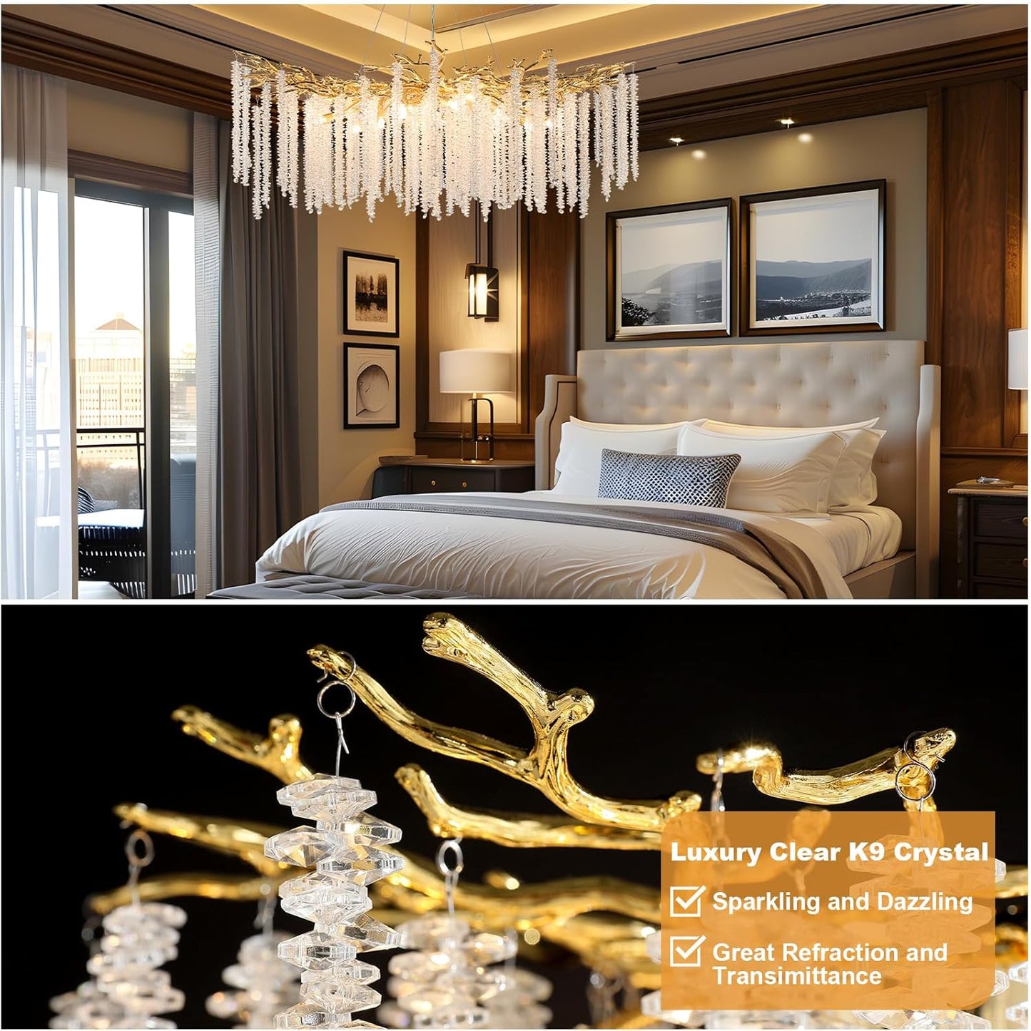 YUYI Modern Crystal Chandelier, 47.2" Gold Tree Branch Chandelier for Dining Room, Round Luxury High Ceiling Chandeliers Pendant Light Over Table, Hanging Fixture for Bedroom, Living Room, Kitchen