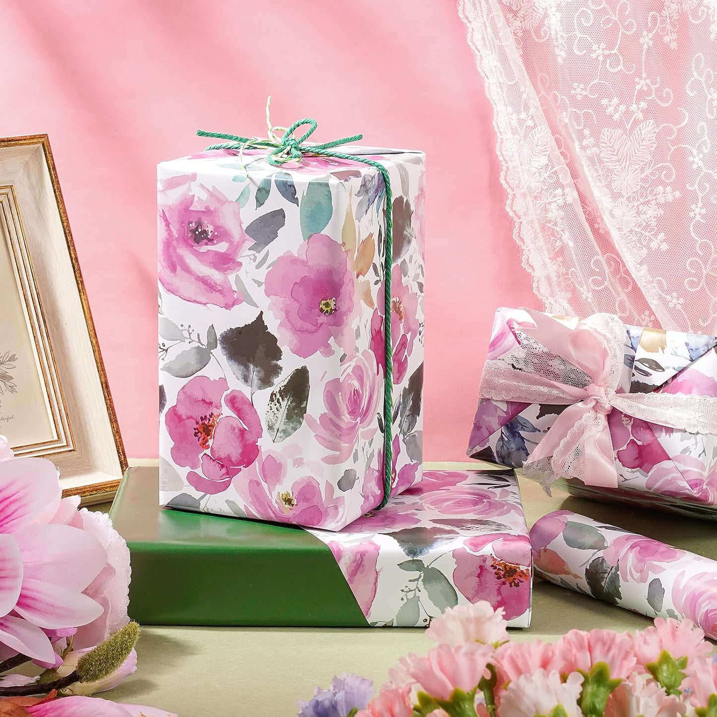 RUSPEPA Reversible Floral Wrapping Paper for Women, Mini Roll, Vintage Pink Rose with Deep Green Solid, Elegant Gift Wrap for Birthday, Wedding, Mother's Day, Bridal Shower, 17 Inches x 16.4 Feet