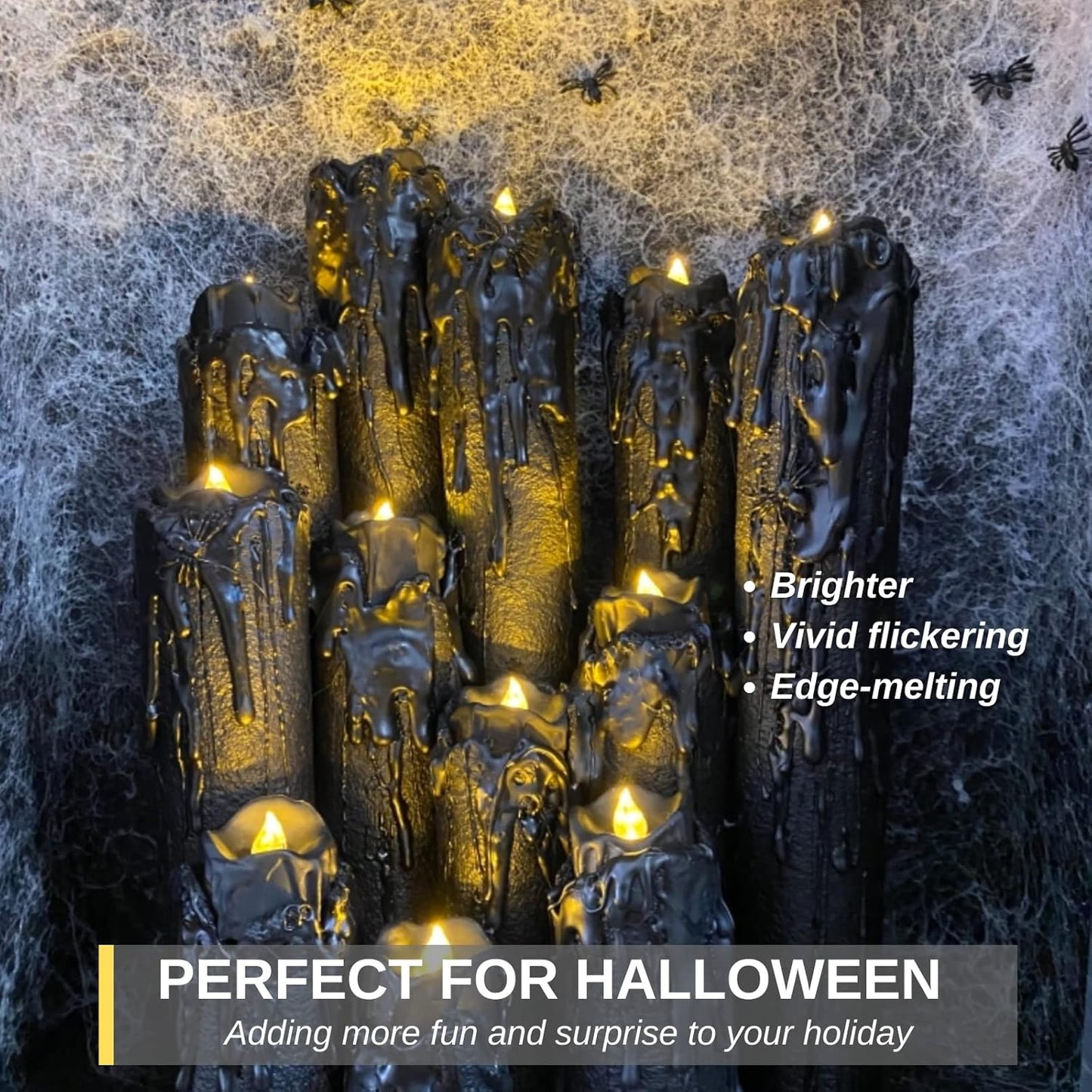 Homemory 24-Pack Halloween Black Dripping Flameless Tea Lights, Battery Operated Flickering LED Candles, Safe for Pumpkins, Party & Holiday Decor, 1.58" D x 1.2" H, Warm White Glow