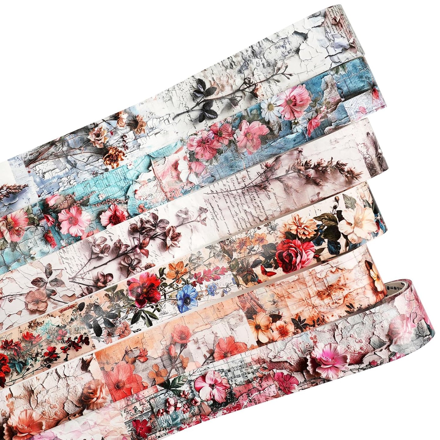Vintage Floral Washi Tape Set ??6 Rolls, 2M Non-Repeating Flower Collage Designs, Decorative Craft Tape for Scrapbooking, Journals, Planners with Accessory Clip Included