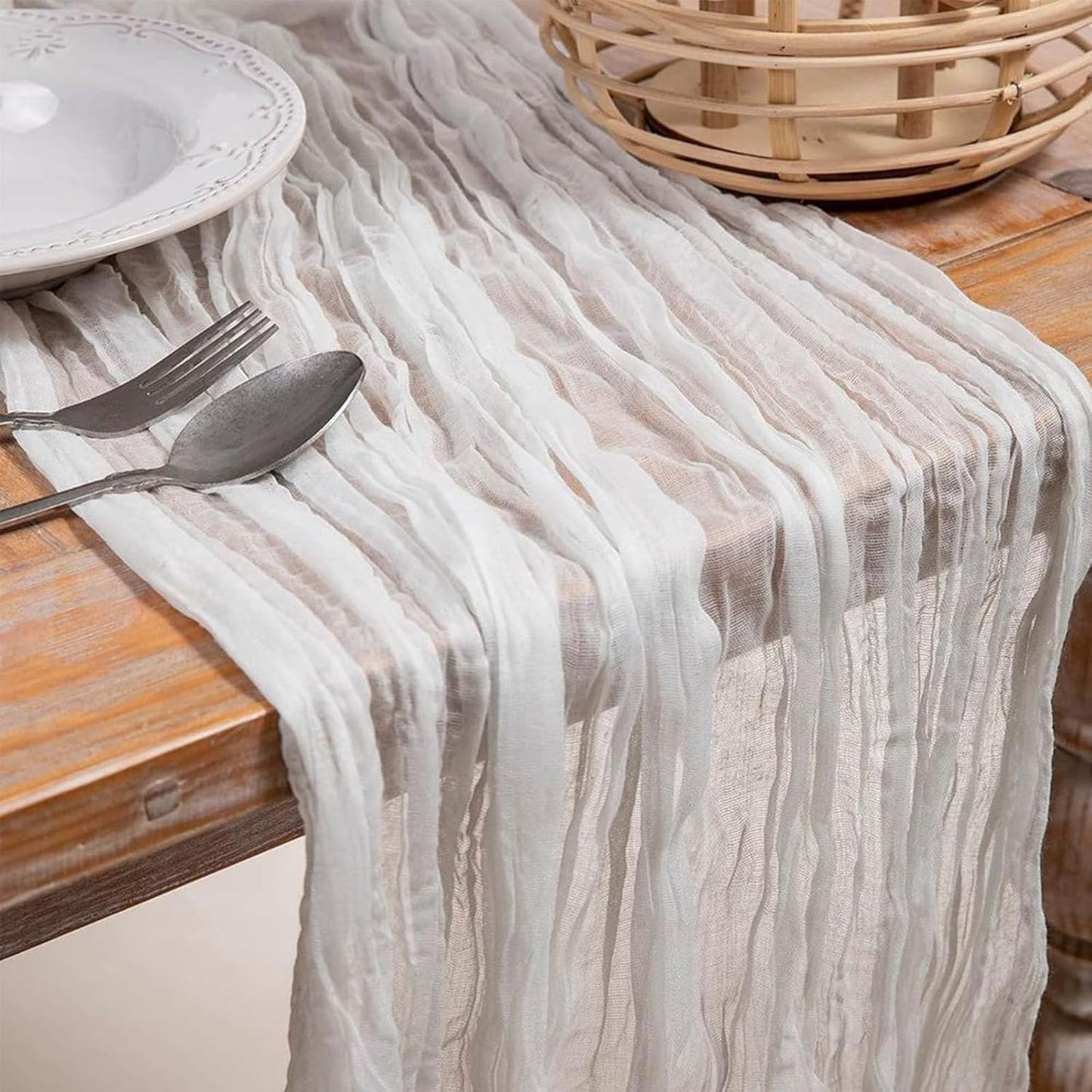 8 Pack 10Ft Cheesecloth Table Runner 35x120 inch White Boho Gauze Long Table Cloth Wrinkled Sheer for Wedding Bridal Shower Birthday Party Table Decor
