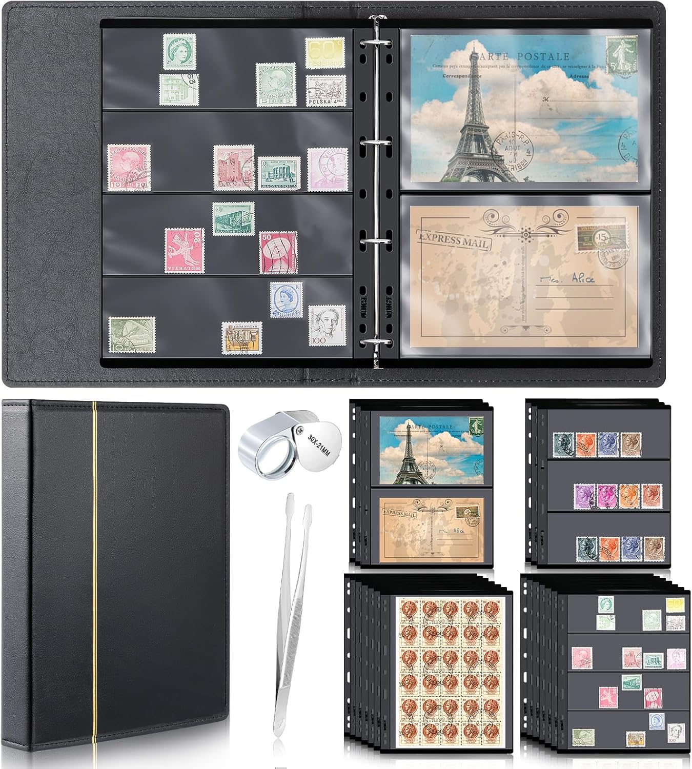 Lewtemi Stamp Collecting Albums Set Stamp Collection Book Include 20 Pages Album Binder Tweezer and Loop Magnifier Collecting Supplies for Collectors(Black,1/2/3/4 Rows)