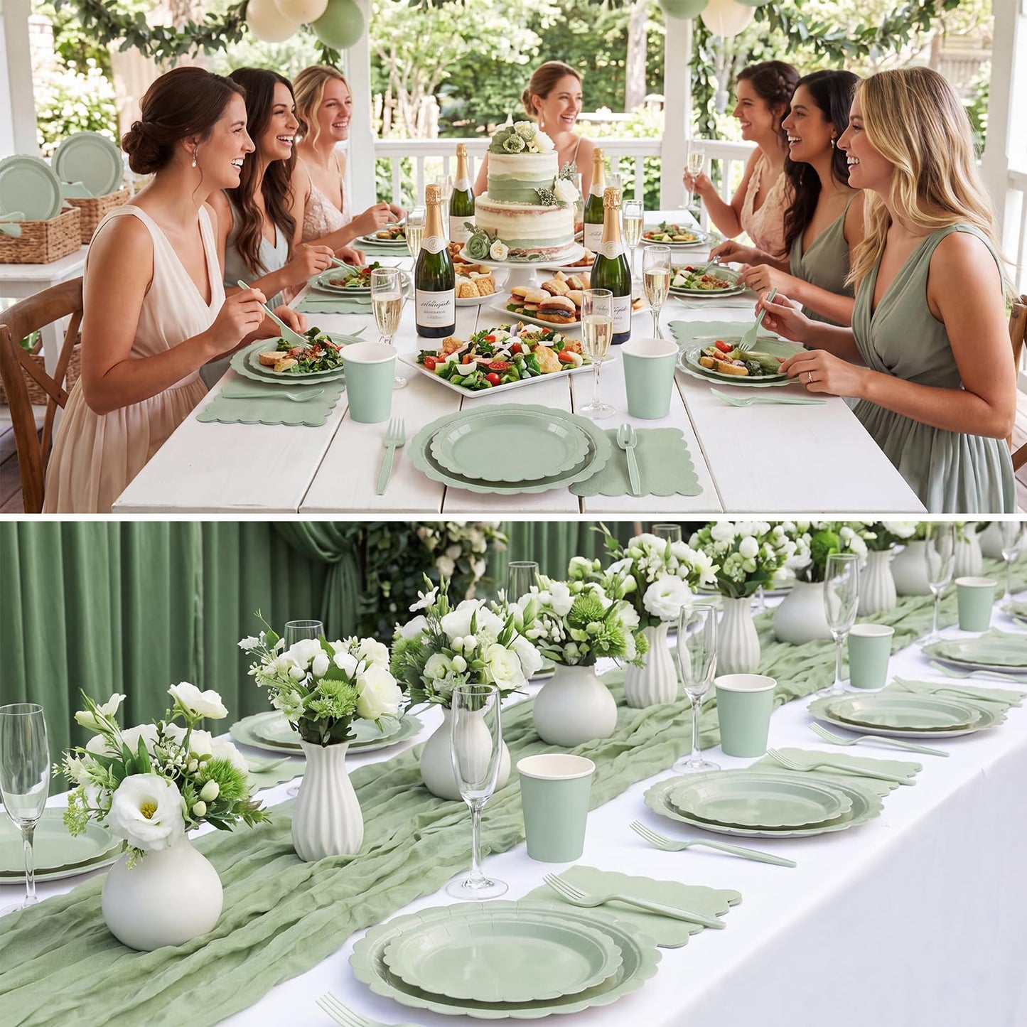 Xiangqu Party Plates and Cups and Napkins, 25 Set Sage Green Dinnerware