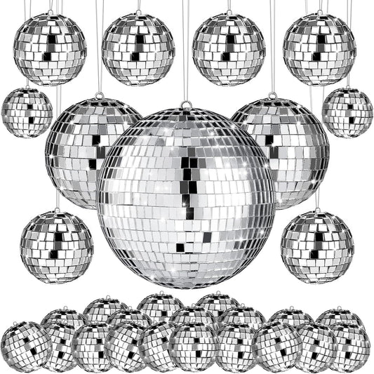 54 Pcs Disco Ball Hanging Decor - Mini Silver Mirror Ball Cake Topper for 74s Themed Party, Wedding, Christmas Supplies