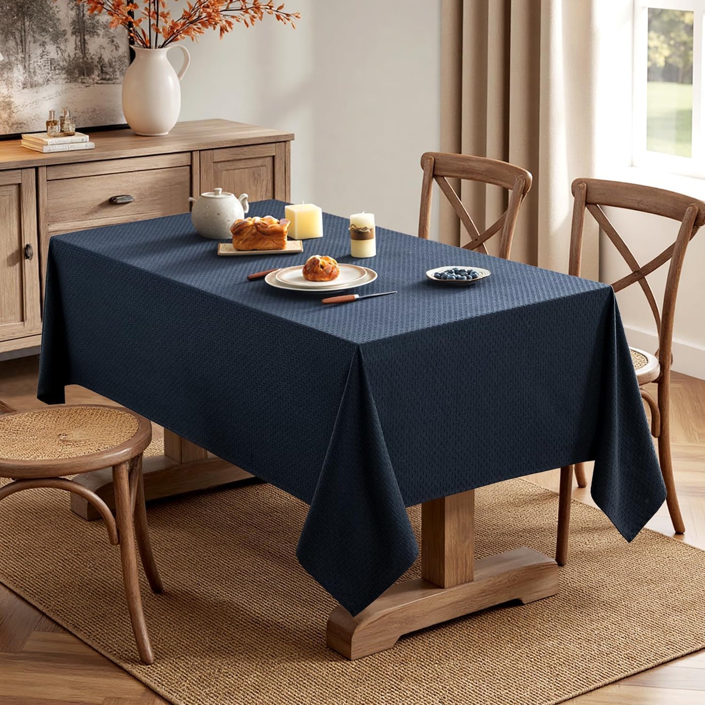 MIULEE Navy Linen Cottton Table Cloth Rectangle Tablecloth Waterproof Spillproof Cross-Star Textured Table Cltoth Decorative Farmhouse Style for Dining Party Weddings 60x120 Inch