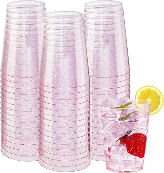 DaYammi 100 Pack 10oz Pink Plastic Cups, Premium Disposable Rose Gold Glitter Plastic Cups for Martini and Cocktail, Hard Clear Disposable Cup with Pink Glitter Perfect for Fancy Wedding Party