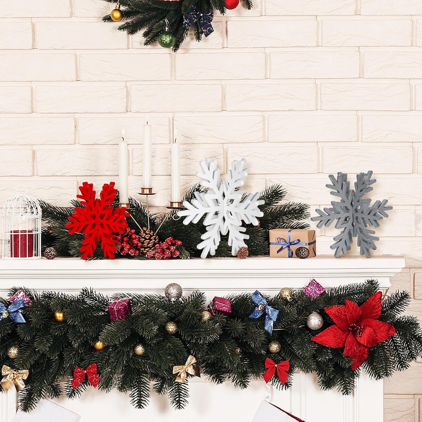 Qunclay 20 Pcs Wooden Snowflake Decorations 3D Snowflake Tabletop Decor Christmas Signs and Centerpiece for Winter Wonderland Decorations Xmas Tiered Tray Decor(Red, Gray, White)