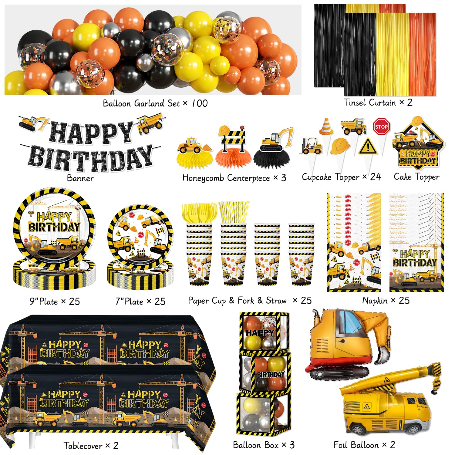 289Pcs Construction Birthday Party Supplies, All-in-One Set for 25 Guests